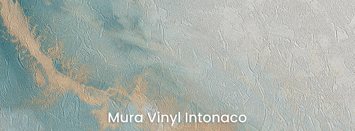 ZEPHYR TRAIL na podłożu Mura Vinyl Intonaco: błękit, biel i złoto na fakturze tartego tynku