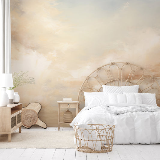 Wzór fototapety artystycznej o nazwie DAWN WHISPER CLOUDS pokazanej w aranżacji wnętrza.