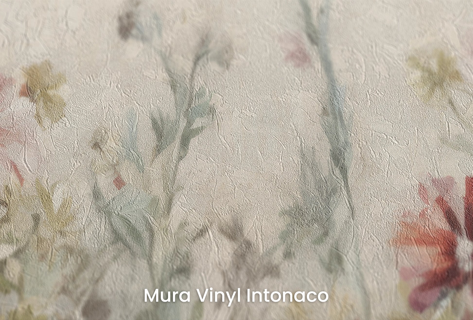 Zbliżenie na artystyczną fototapetę o nazwie Crimson Meadow na podłożu Mura Vinyl Intonaco - struktura tartego tynku.