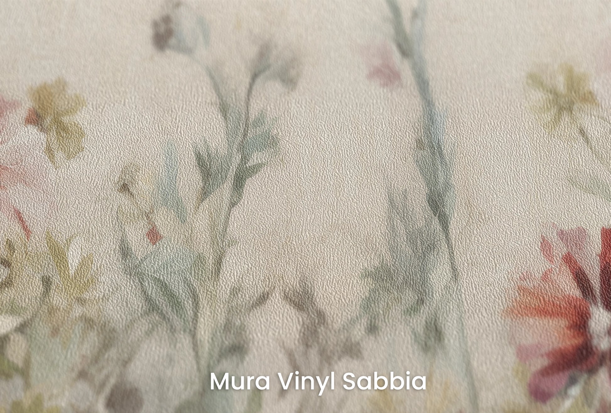 Zbliżenie na artystyczną fototapetę o nazwie Crimson Meadow na podłożu Mura Vinyl Sabbia struktura grubego ziarna piasku.