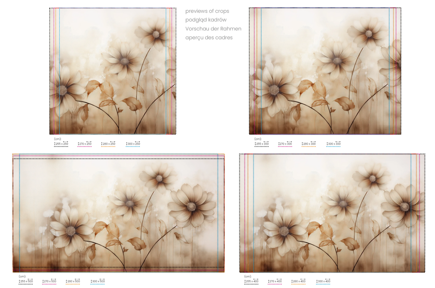 Na obrazie znajduje się prezentacja przykładowych rozmiarów fototapety o nazwie Sepia Florals. Rozmiar fototapety jest dowolny.