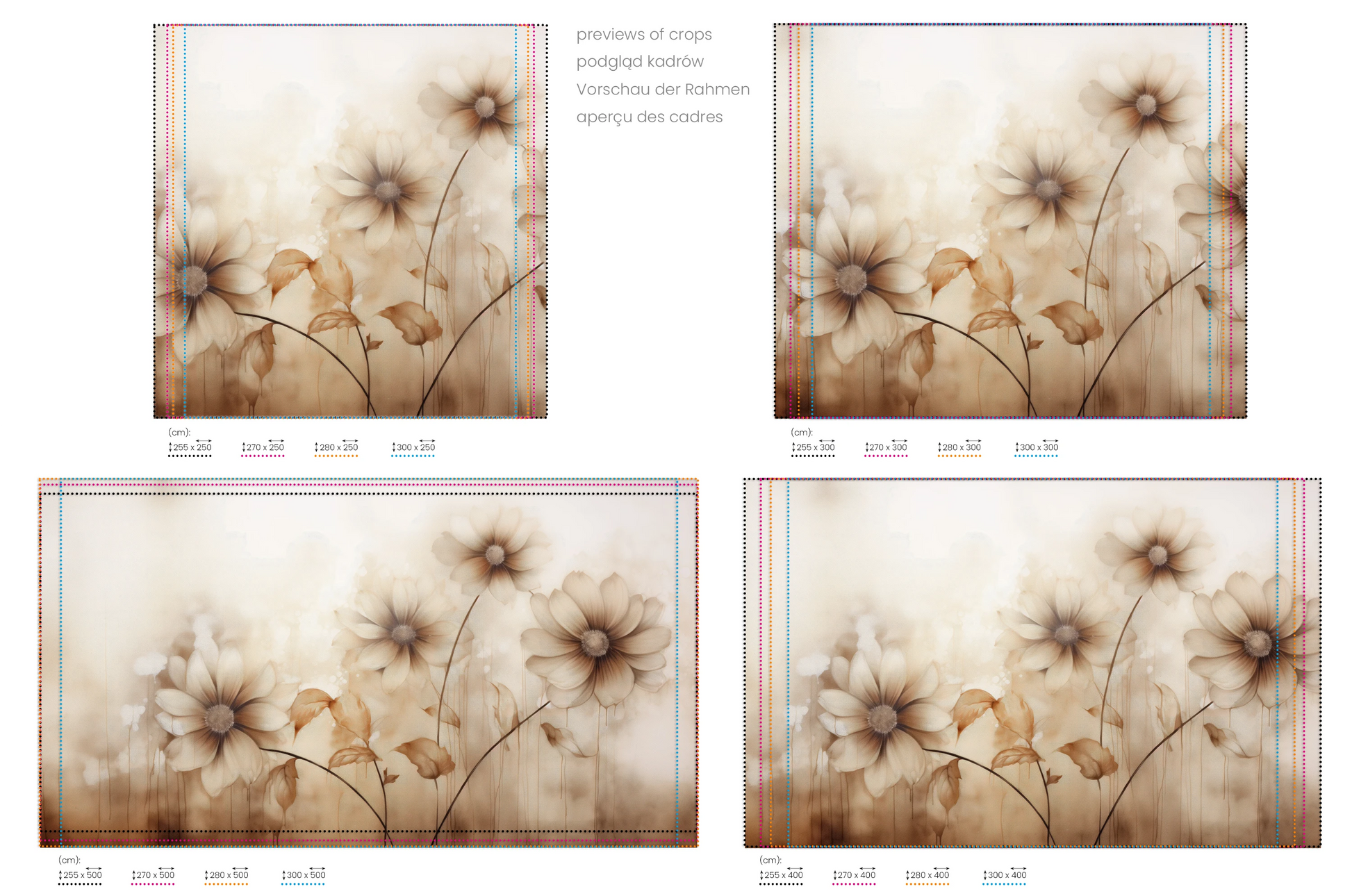 Na obrazie znajduje się prezentacja przykładowych rozmiarów fototapety o nazwie Sepia Florals. Rozmiar fototapety jest dowolny.