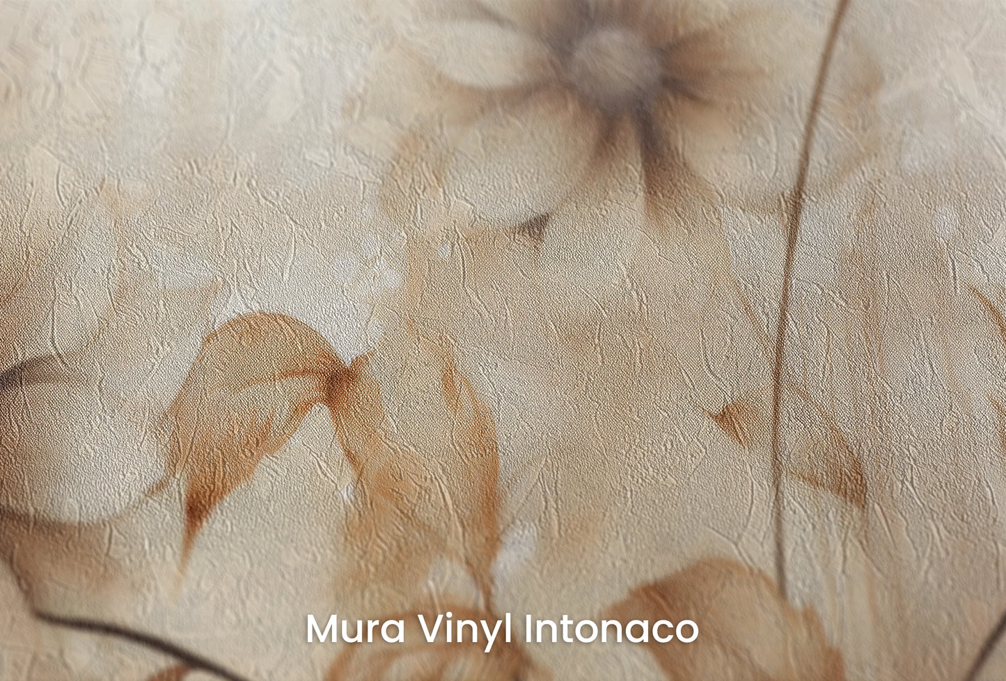 Zbliżenie na artystyczną fototapetę o nazwie Sepia Florals na podłożu Mura Vinyl Intonaco - struktura tartego tynku.
