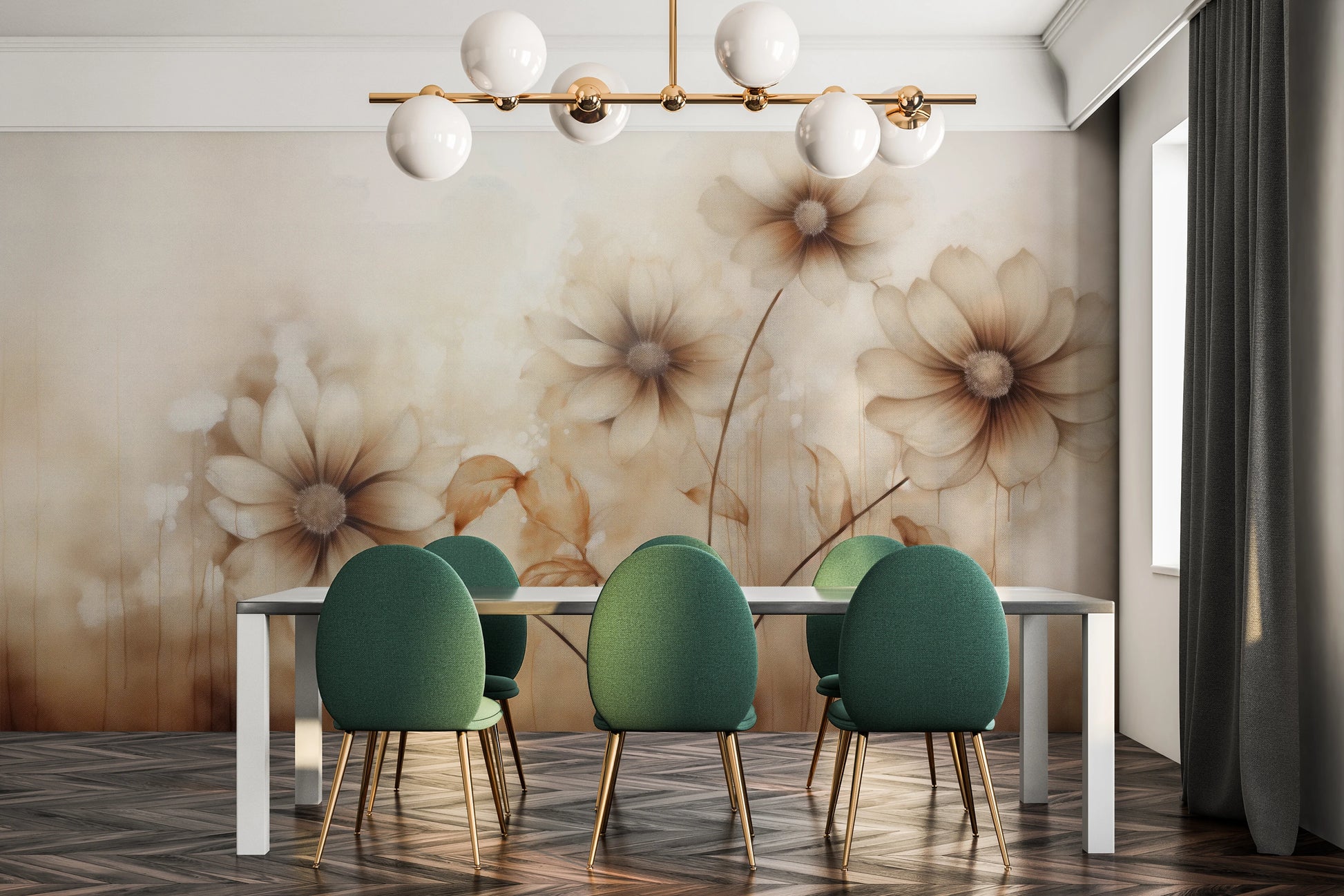 Fototapeta malowana o nazwie Sepia Florals pokazana w aranżacji wnętrza.