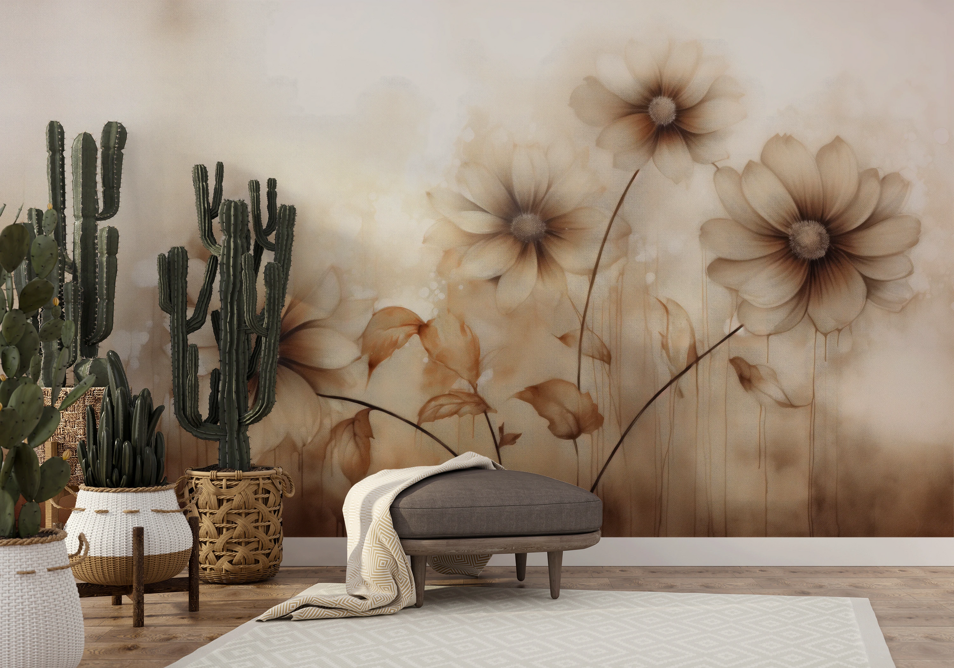 Wzór fototapety malowanej o nazwie Sepia Florals pokazanej w aranżacji wnętrza.