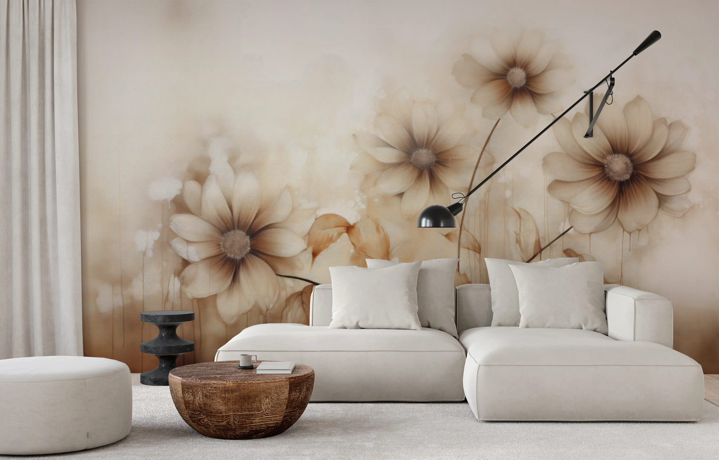 Zdjęcie prezentuje aranżację wnętrza z użyciem fototapety o nazwie Sepia Florals pokazanej w aranżacji wnętrza.