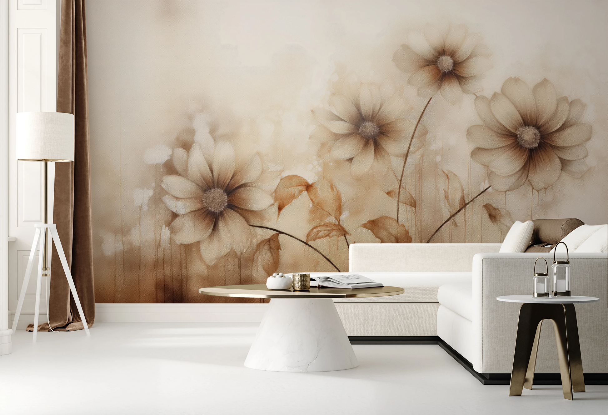 Fototapeta artystyczna o nazwie Sepia Florals pokazana w aranżacji wnętrza.