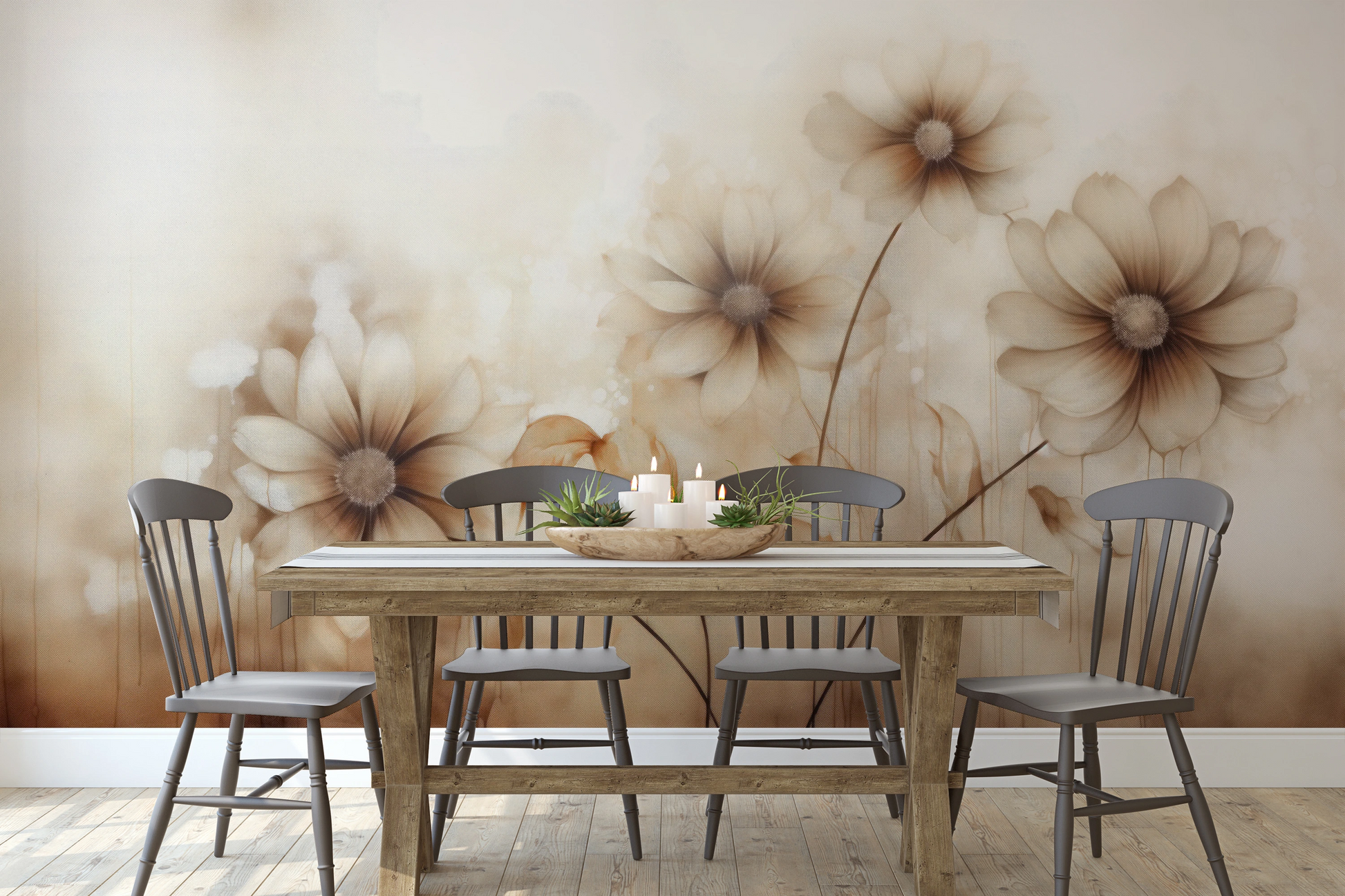 Wzór fototapety o nazwie Sepia Florals pokazanej w kontekście pomieszczenia.