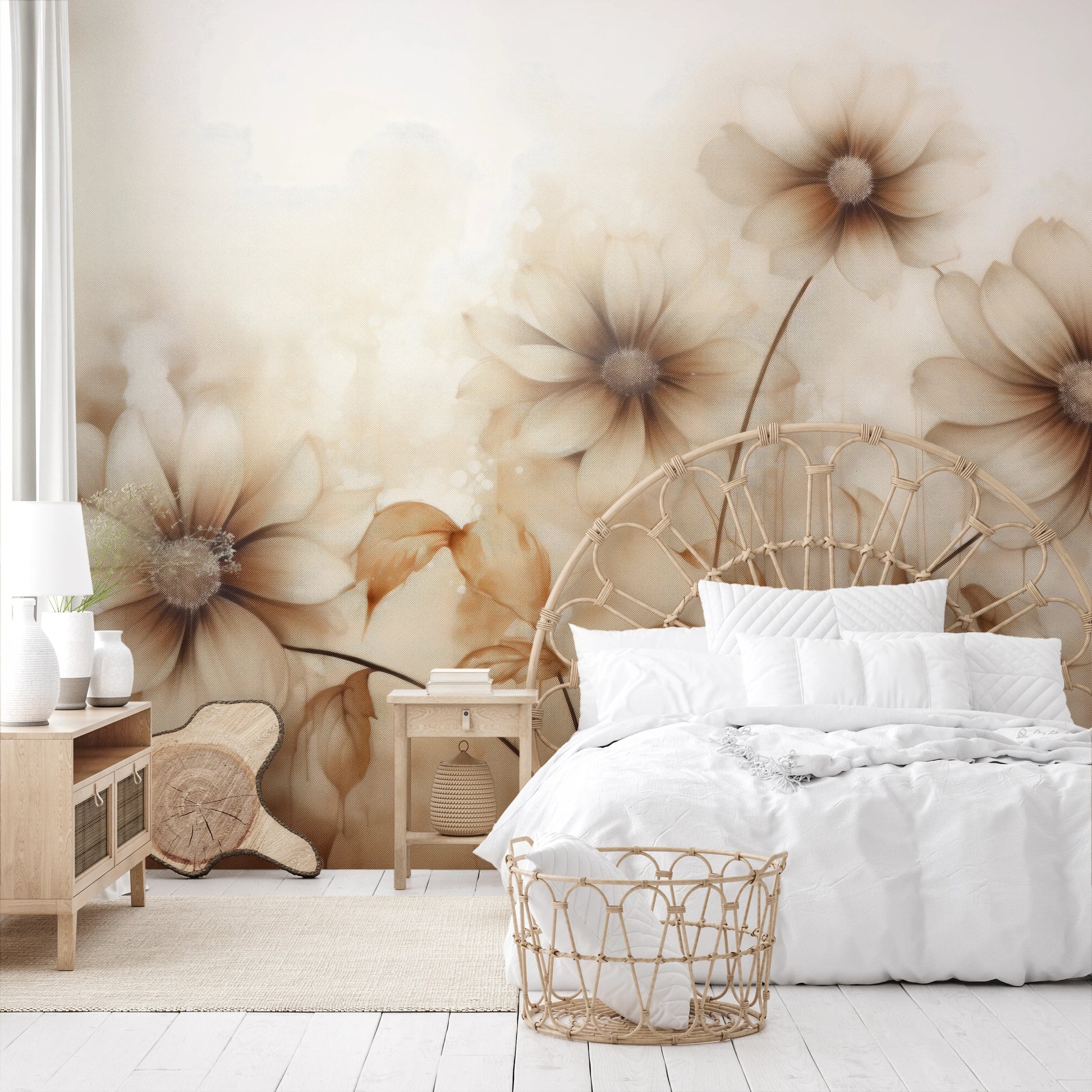 Wzór fototapety artystycznej o nazwie Sepia Florals pokazanej w aranżacji wnętrza.