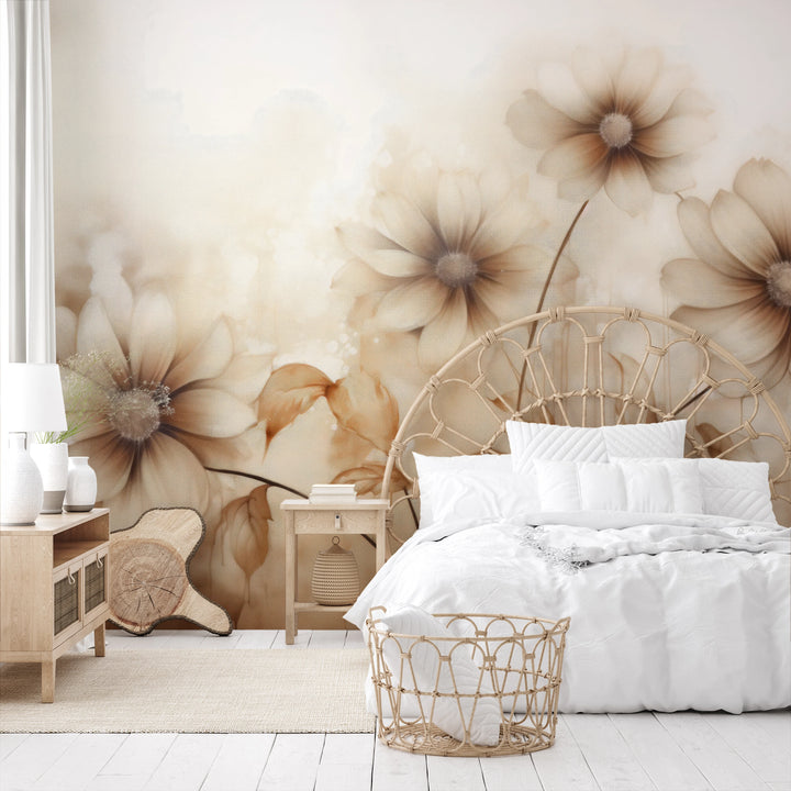 Wzór fototapety artystycznej o nazwie Sepia Florals pokazanej w aranżacji wnętrza.