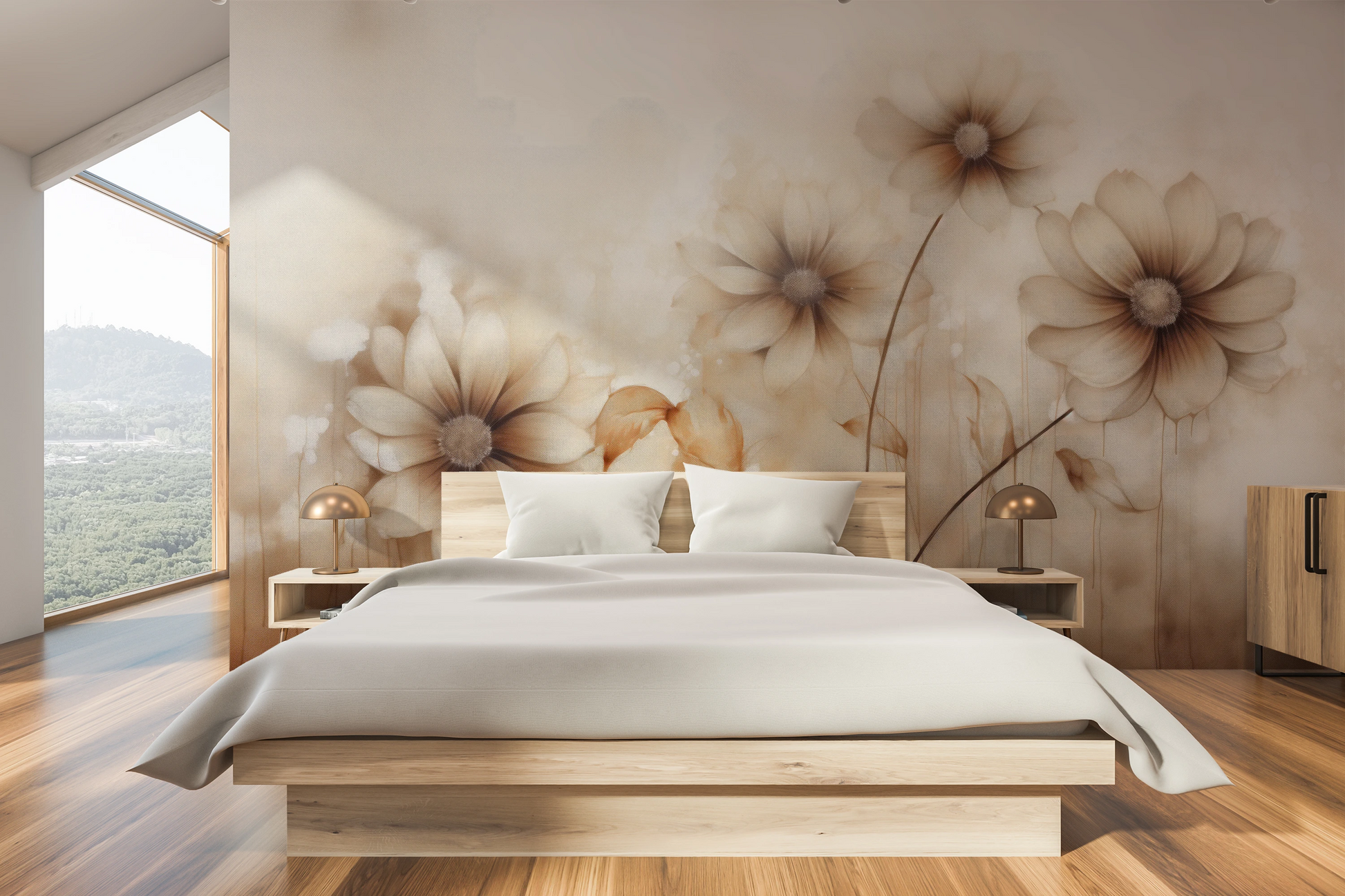 Wzór fototapety artystycznej o nazwie Sepia Florals pokazanej w aranżacji wnętrza.