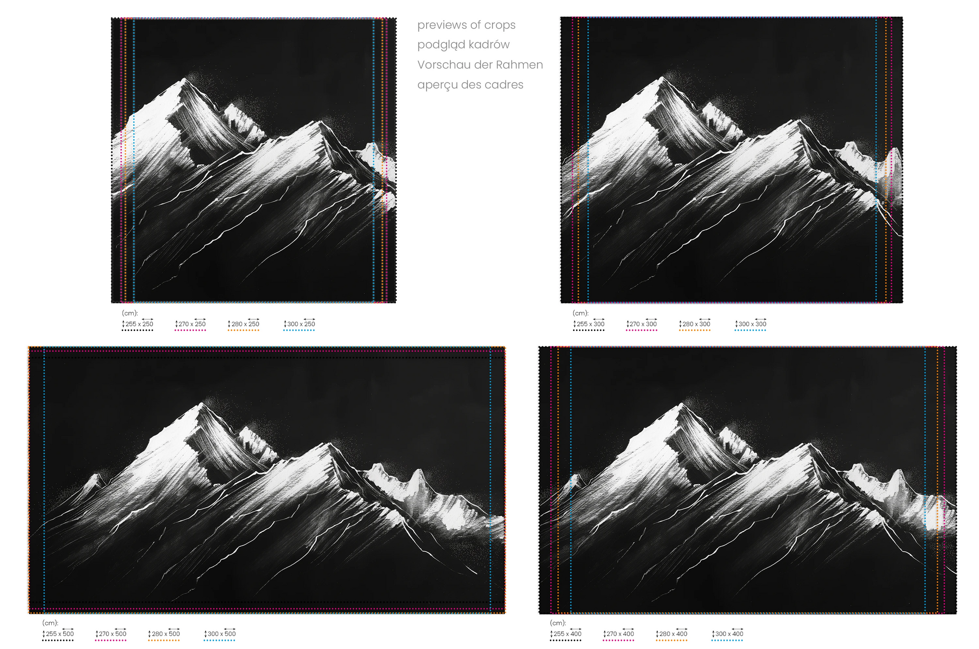 Na obrazie znajduje się prezentacja przykładowych rozmiarów fototapety o nazwie Noir Peaks. Rozmiar fototapety jest dowolny.