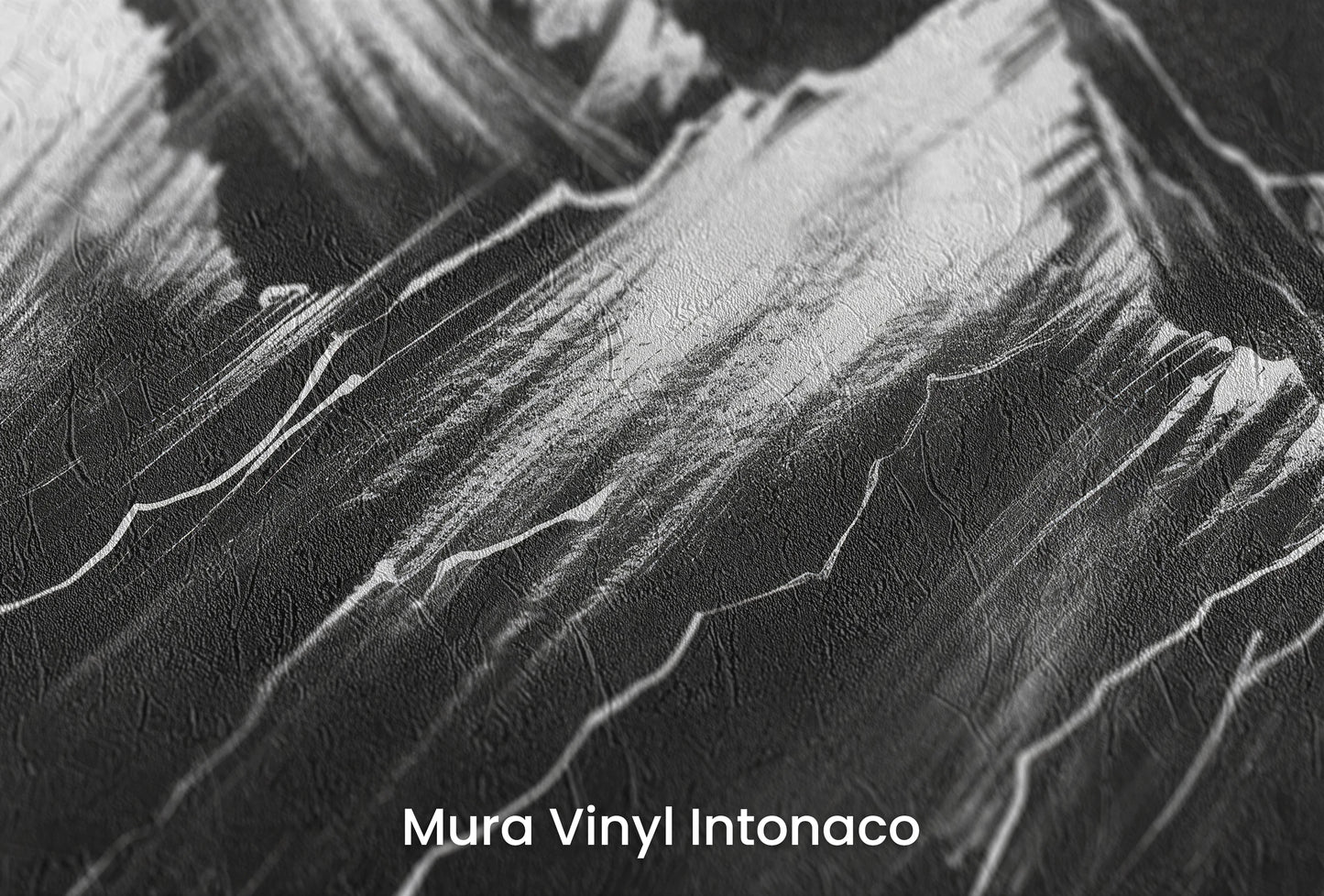 Zbliżenie na artystyczną fototapetę o nazwie Noir Peaks na podłożu Mura Vinyl Intonaco - struktura tartego tynku.