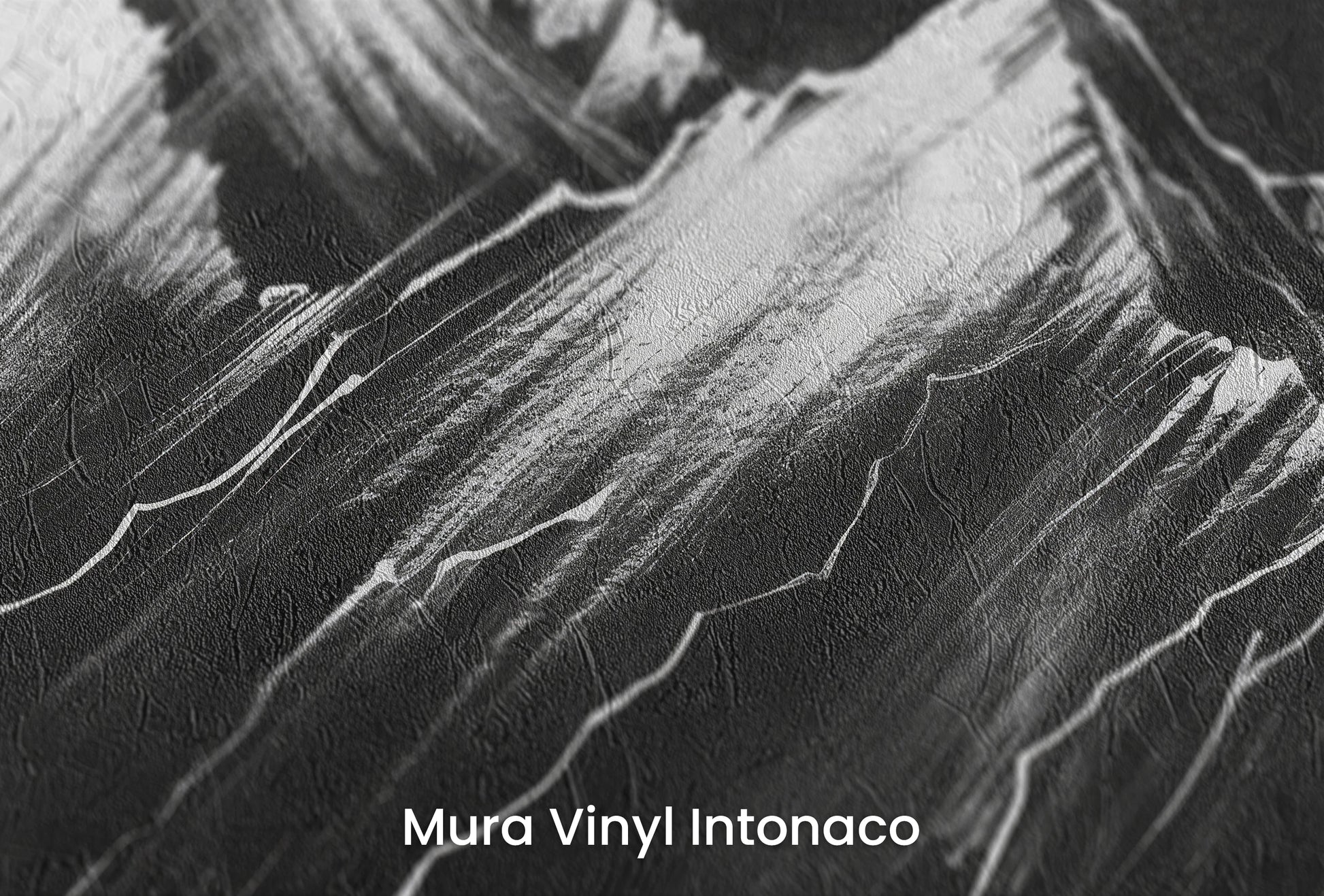 Zbliżenie na artystyczną fototapetę o nazwie Noir Peaks na podłożu Mura Vinyl Intonaco - struktura tartego tynku.