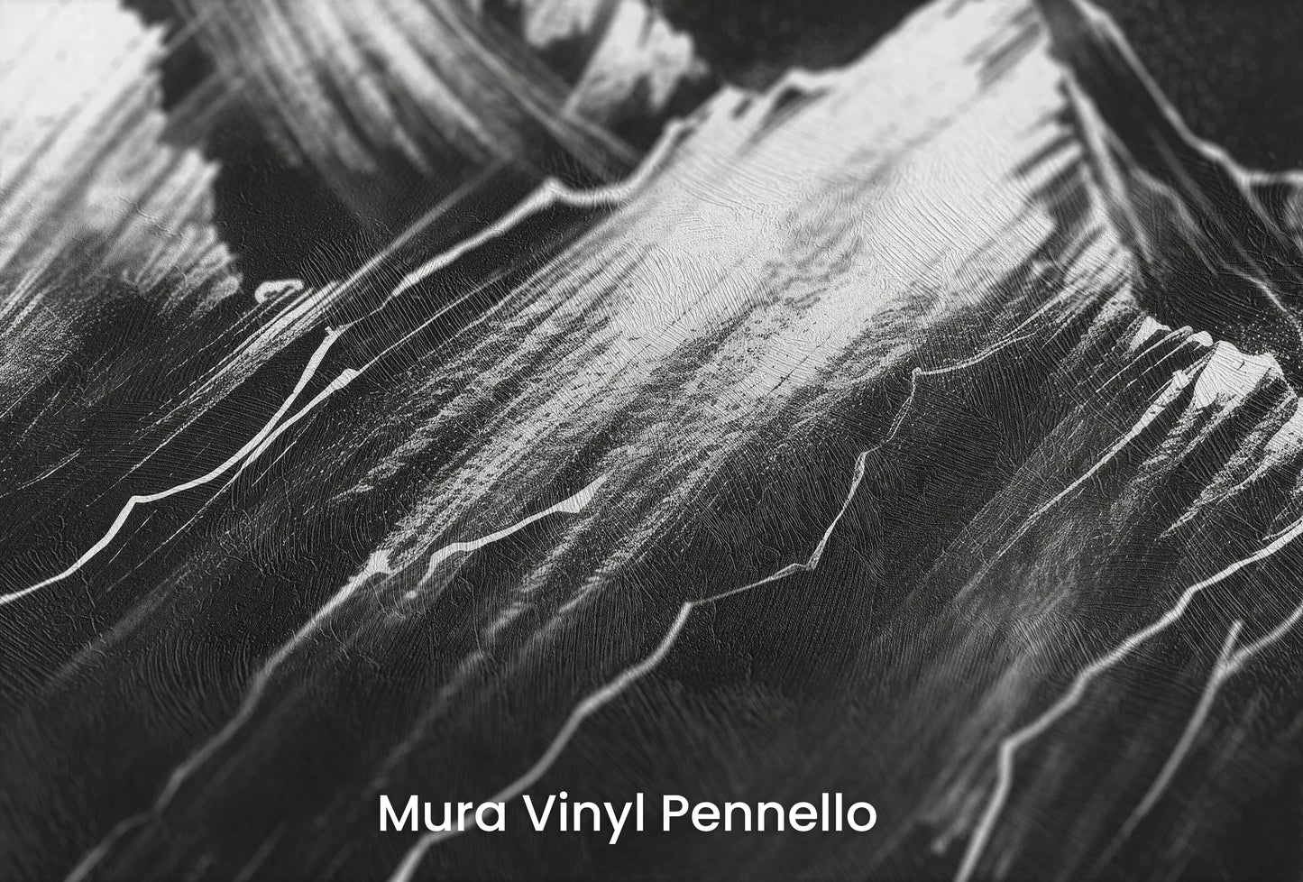 Zbliżenie na artystyczną fototapetę o nazwie Noir Peaks na podłożu Mura Vinyl Pennello - faktura pociągnięć pędzla malarskiego.