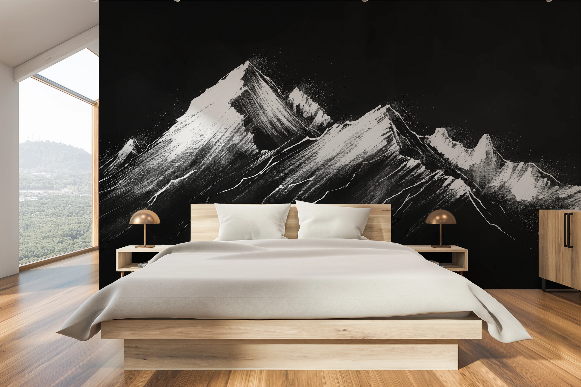Wzór fototapety o nazwie Noir Peaks pokazanej w kontekście pomieszczenia.