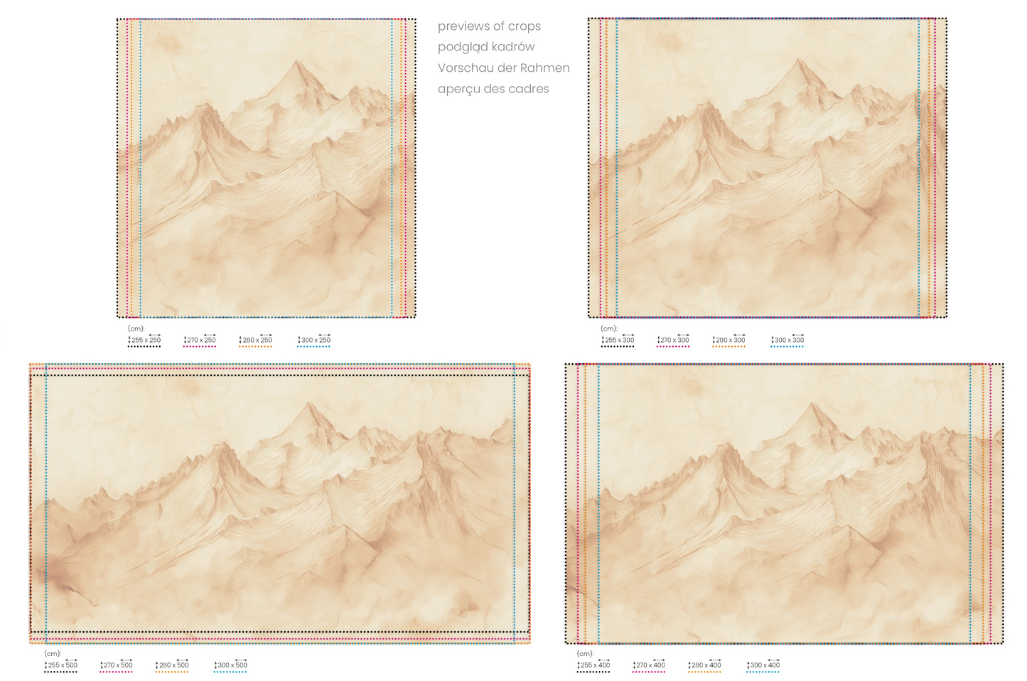 Na obrazie znajduje się prezentacja przykładowych rozmiarów fototapety o nazwie Sepia Mountain Range #2. Rozmiar fototapety jest dowolny.
