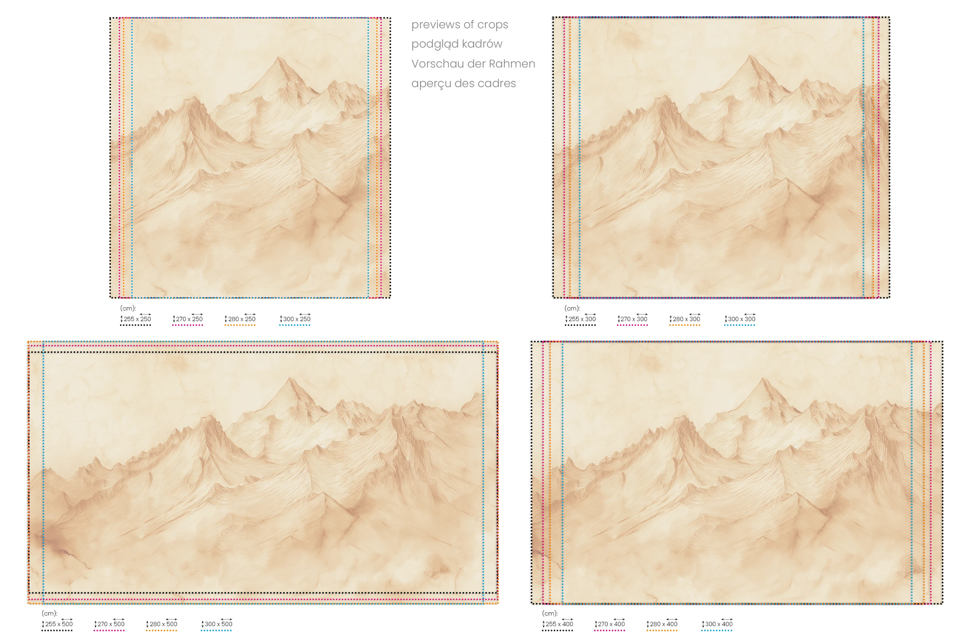 Na obrazie znajduje się prezentacja przykładowych rozmiarów fototapety o nazwie Sepia Mountain Range #2. Rozmiar fototapety jest dowolny.