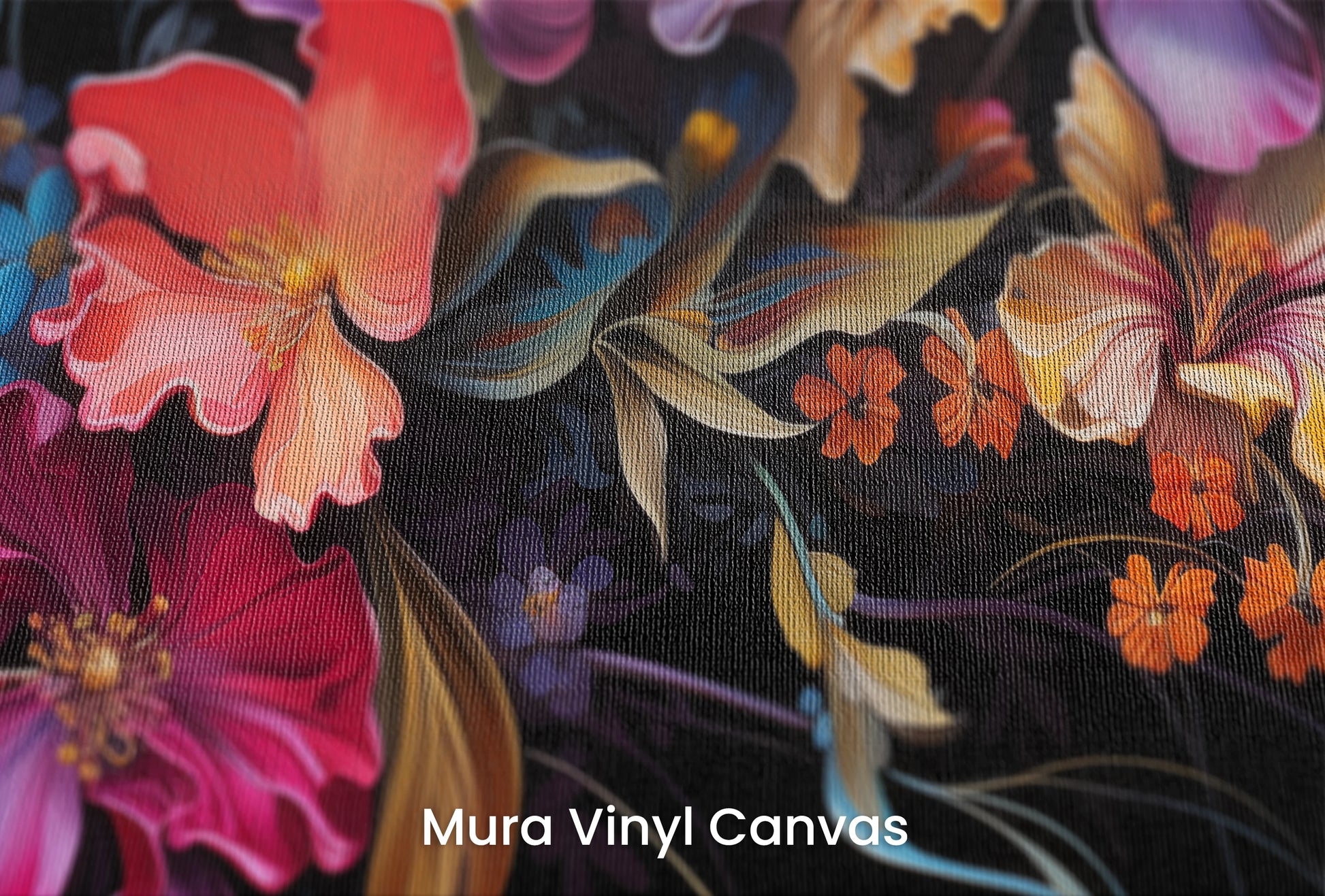Zbliżenie na artystyczną fototapetę o nazwie Midnight Floral Dance na podłożu Mura Vinyl Canvas - faktura naturalnego płótna.