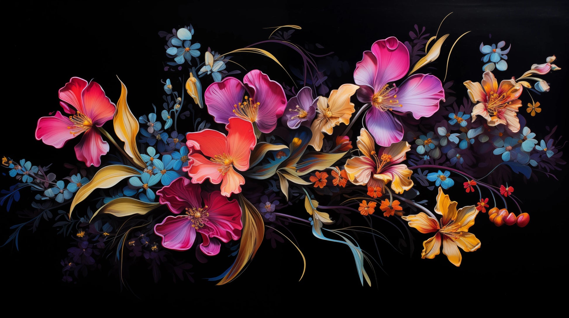Prezentacja całego wzoru fototapety o nazwie Midnight Floral Dance