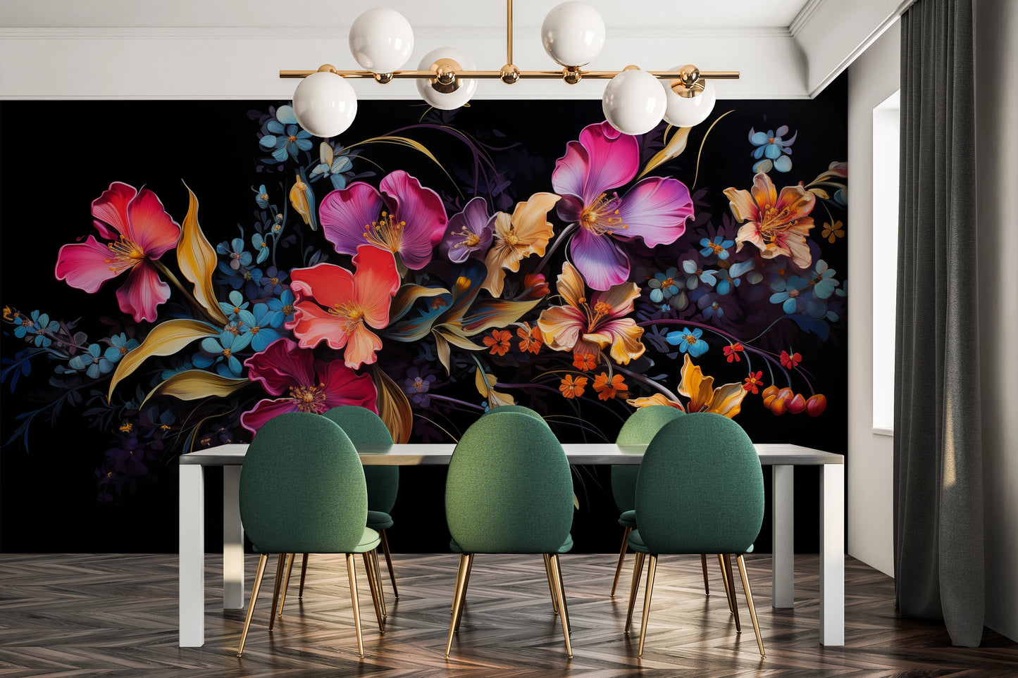Wzór fototapety malowanej o nazwie Midnight Floral Dance pokazanej w aranżacji wnętrza.