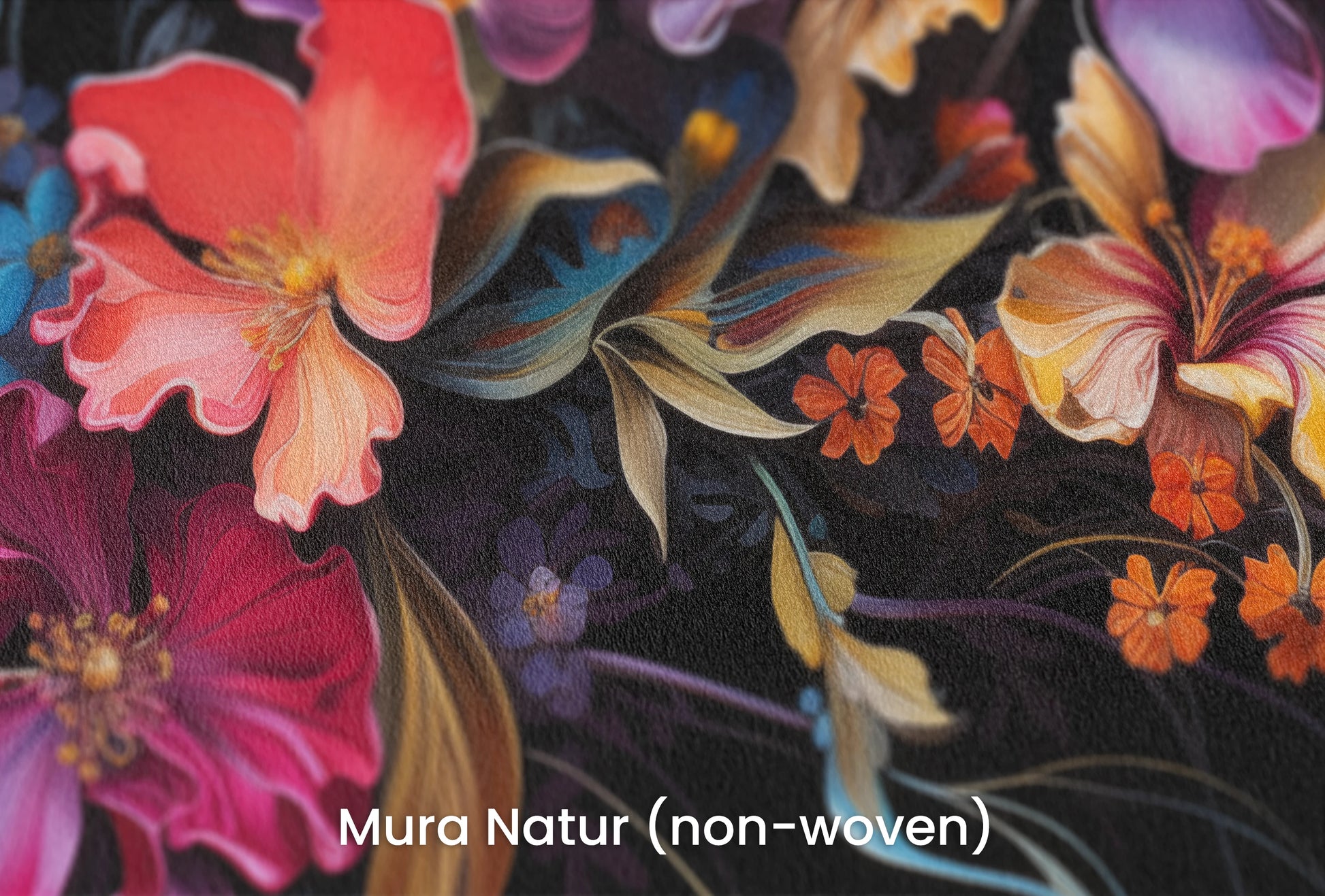 Zbliżenie na artystyczną fototapetę o nazwie Midnight Floral Dance na podłożu Mura Natur (non-woven) - naturalne i ekologiczne podłoże.