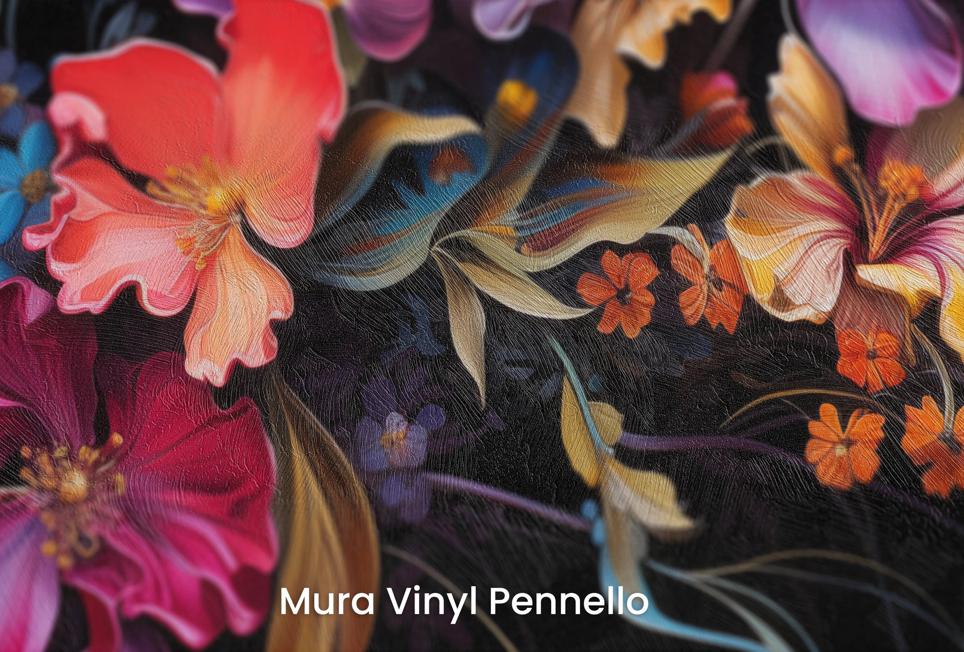 Zbliżenie na artystyczną fototapetę o nazwie Midnight Floral Dance na podłożu Mura Vinyl Pennello - faktura pociągnięć pędzla malarskiego.