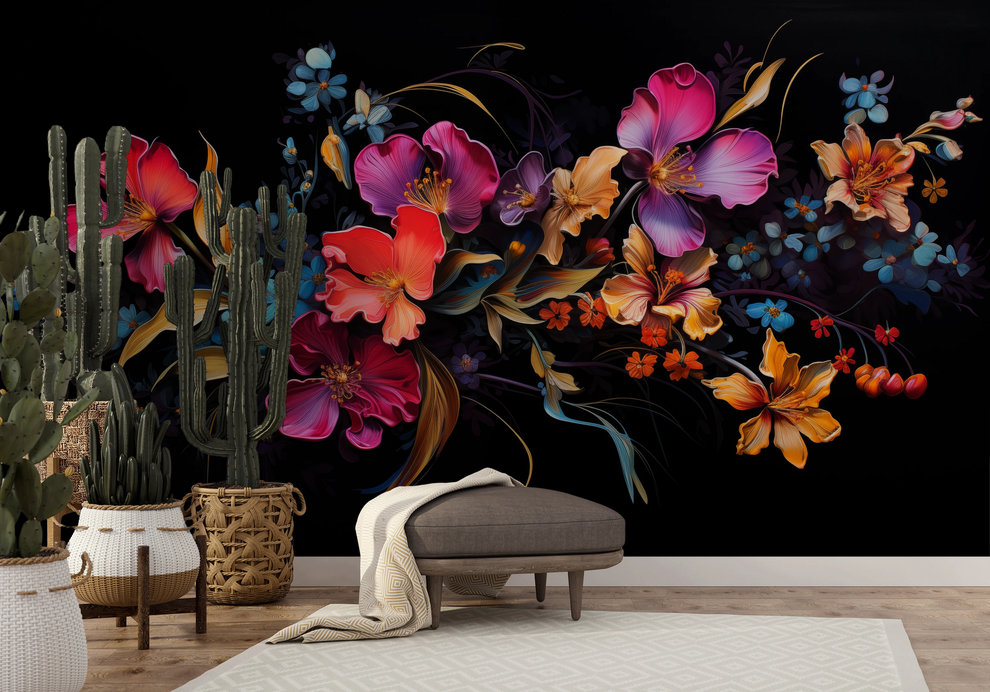 Fototapeta artystyczna o nazwie Midnight Floral Dance pokazana w aranżacji wnętrza.