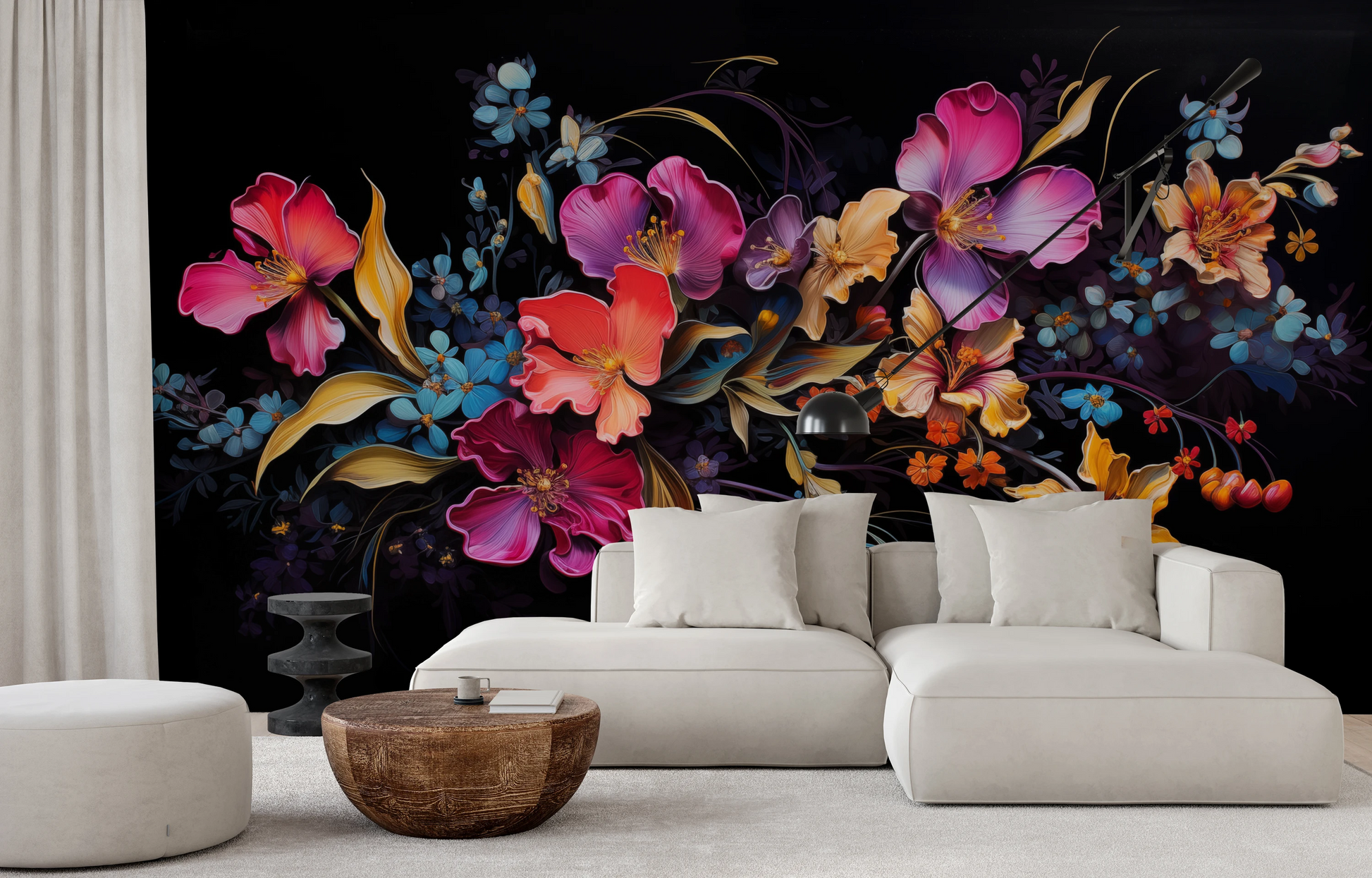 Wzór fototapety o nazwie Midnight Floral Dance pokazanej w kontekście pomieszczenia.