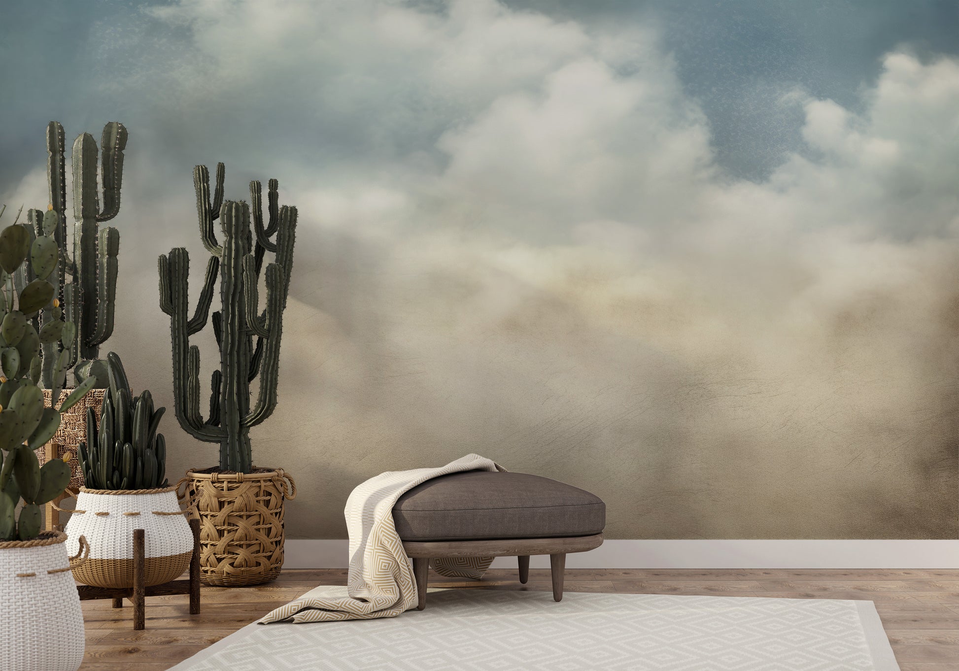Wzór fototapety o nazwie ETHEREAL CLOUDSCAPE VEIL pokazanej w kontekście pomieszczenia.