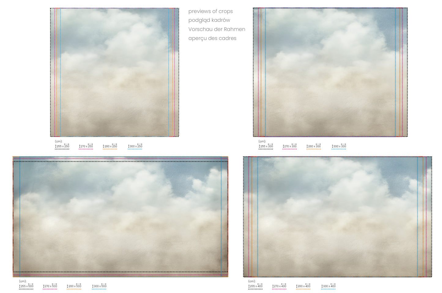 Na obrazie znajduje się prezentacja przykładowych rozmiarów fototapety o nazwie ETHEREAL CLOUDSCAPE VEIL. Rozmiar fototapety jest dowolny.