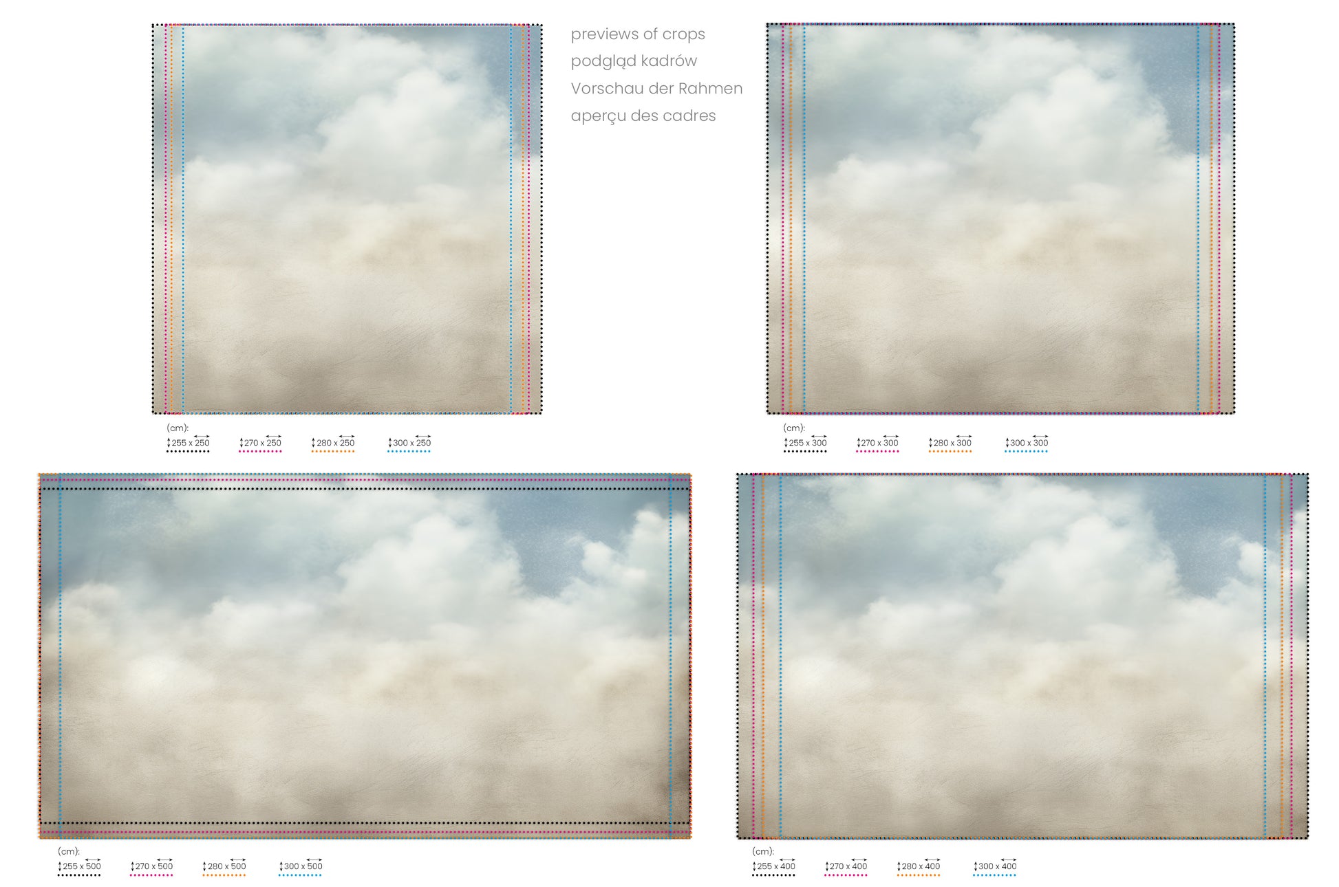 Na obrazie znajduje się prezentacja przykładowych rozmiarów fototapety o nazwie ETHEREAL CLOUDSCAPE VEIL. Rozmiar fototapety jest dowolny.