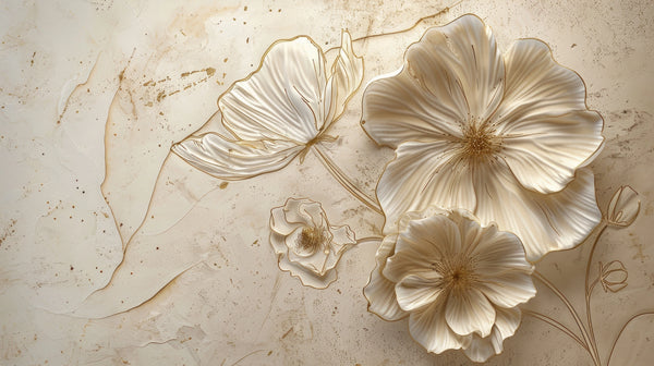 Golden Petals - Papier peint de fleurs dans des teintes crème avec un éclat perlé