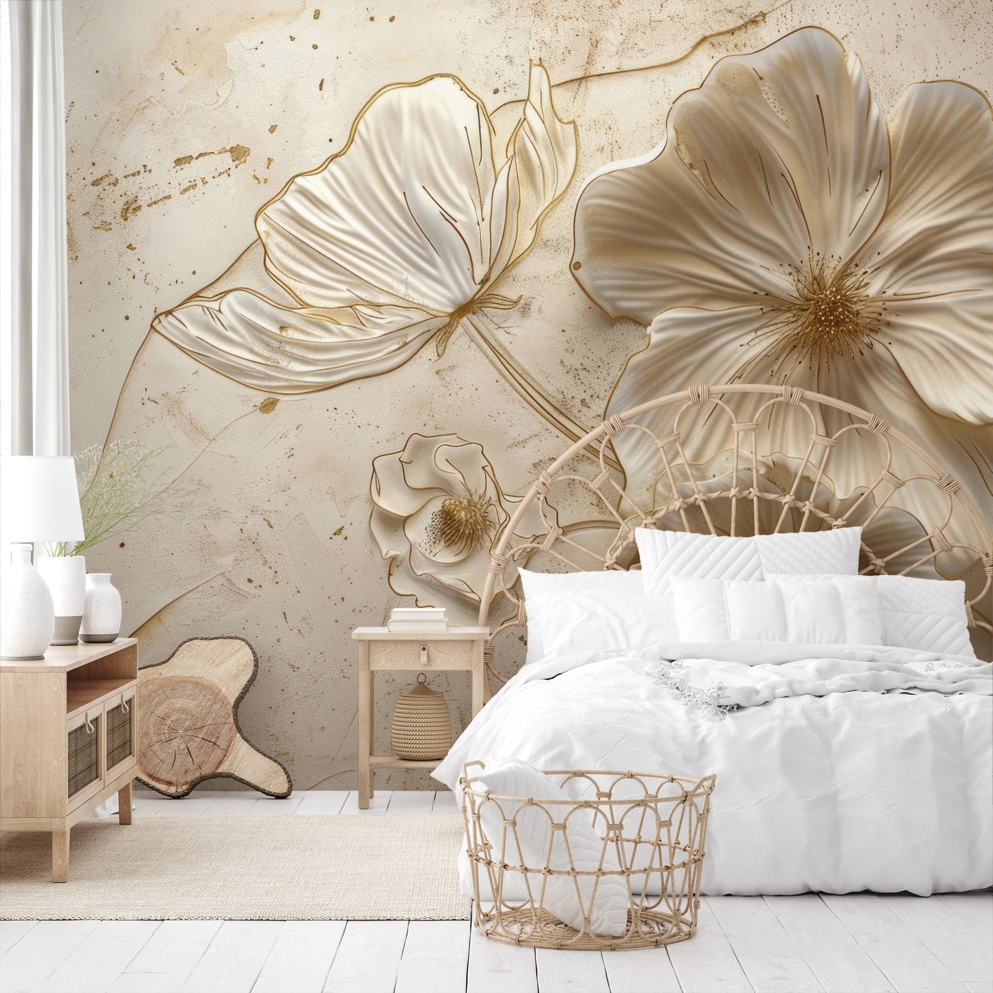 Fototapeta artystyczna o nazwie Golden Petals pokazana w aranżacji wnętrza.