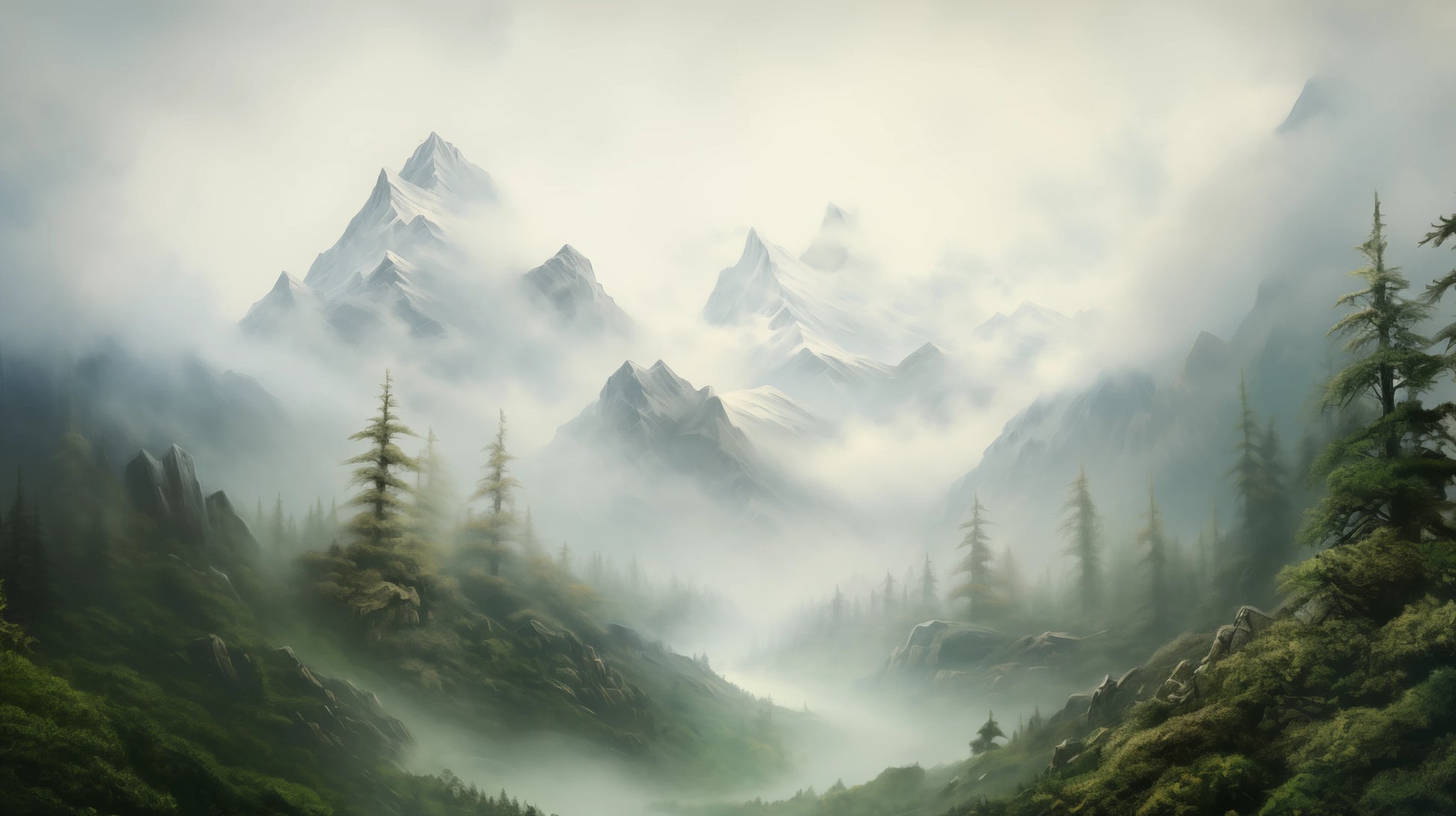 Prezentacja całego wzoru fototapety o nazwie Verdant Peaks