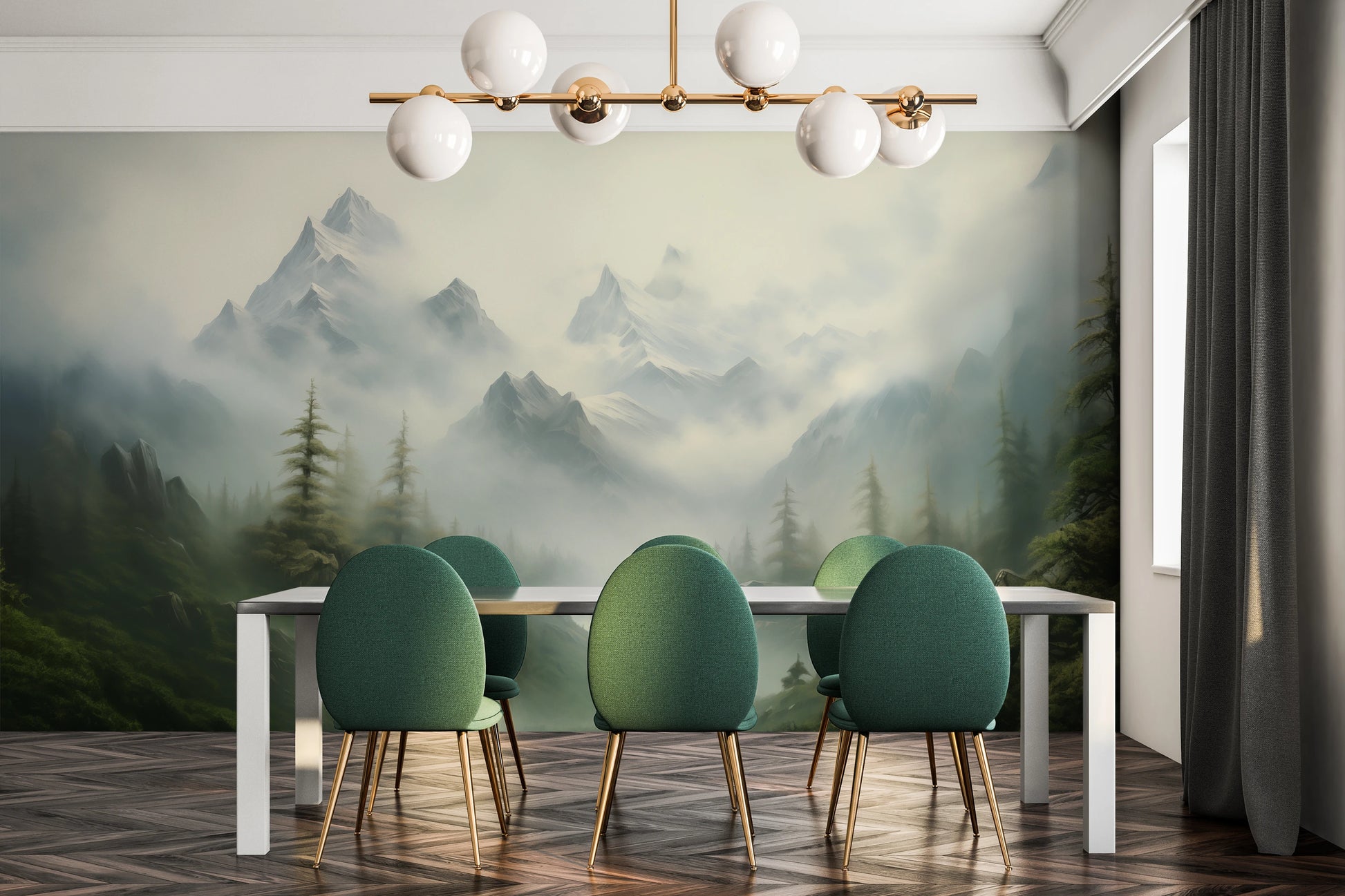 Wzór fototapety artystycznej o nazwie Verdant Peaks pokazanej w aranżacji wnętrza.