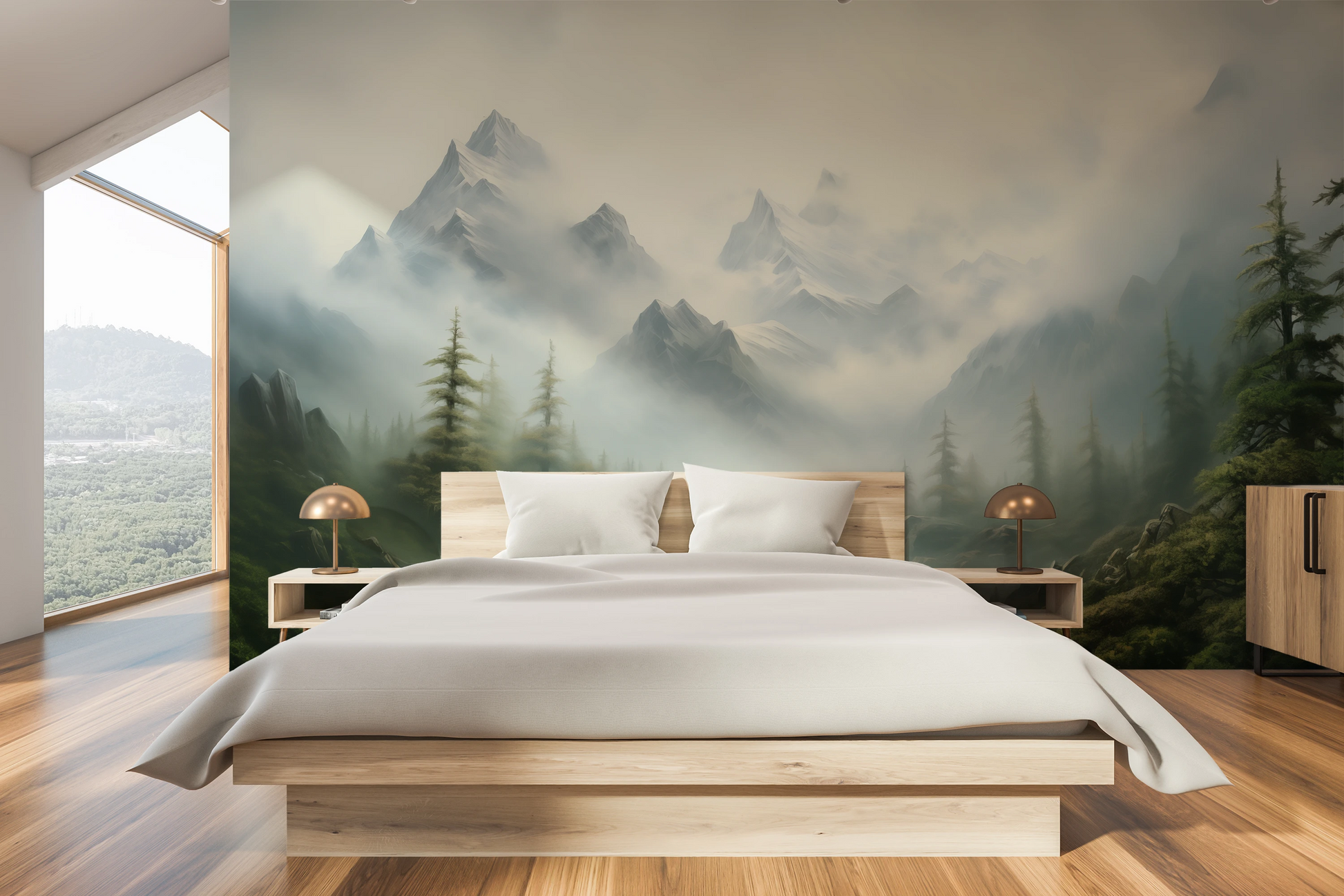 Fototapeta malowana o nazwie Verdant Peaks pokazana w aranżacji wnętrza.