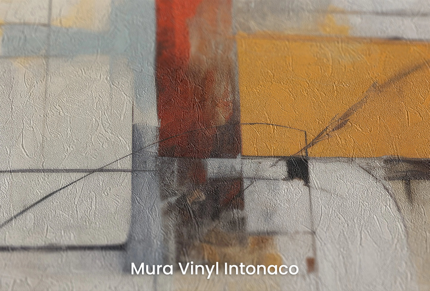 Zbliżenie na artystyczną fototapetę o nazwie Colorful Geometric Dynamics na podłożu Mura Vinyl Intonaco - struktura tartego tynku.