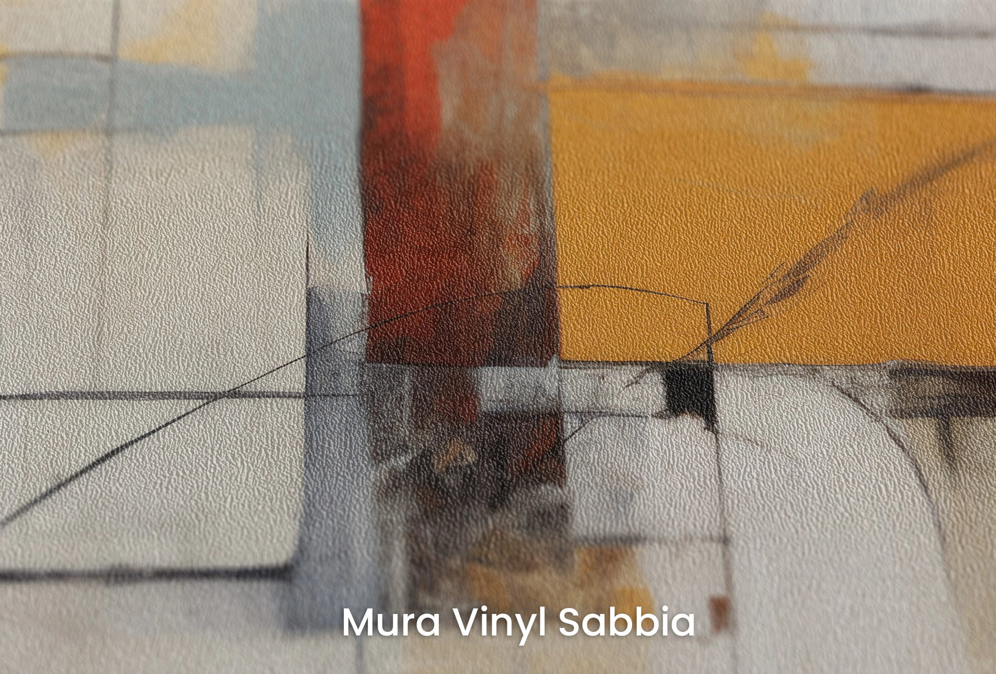 Zbliżenie na artystyczną fototapetę o nazwie Colorful Geometric Dynamics na podłożu Mura Vinyl Sabbia struktura grubego ziarna piasku.