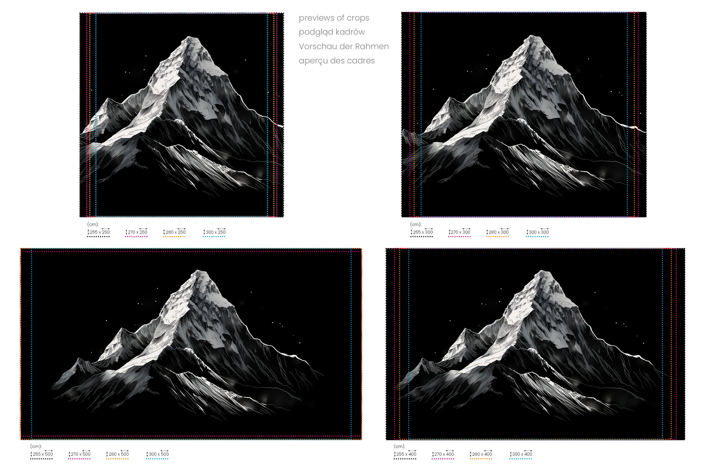 Na obrazie znajduje się prezentacja przykładowych rozmiarów fototapety o nazwie Monochrome Mountain. Rozmiar fototapety jest dowolny.