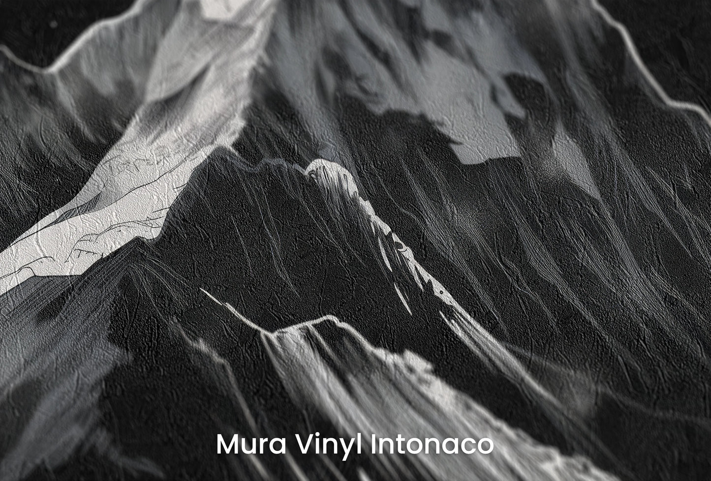 Zbliżenie na artystyczną fototapetę o nazwie Monochrome Mountain na podłożu Mura Vinyl Intonaco - struktura tartego tynku.