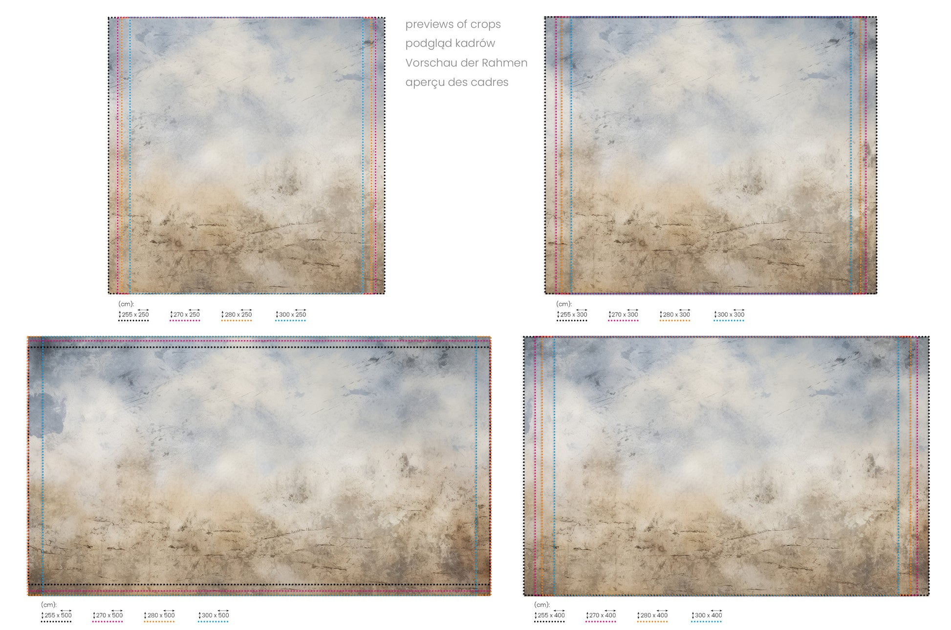 Na obrazie znajduje się prezentacja przykładowych rozmiarów fototapety o nazwie ANCIENT ECHOES CANVAS. Rozmiar fototapety jest dowolny.