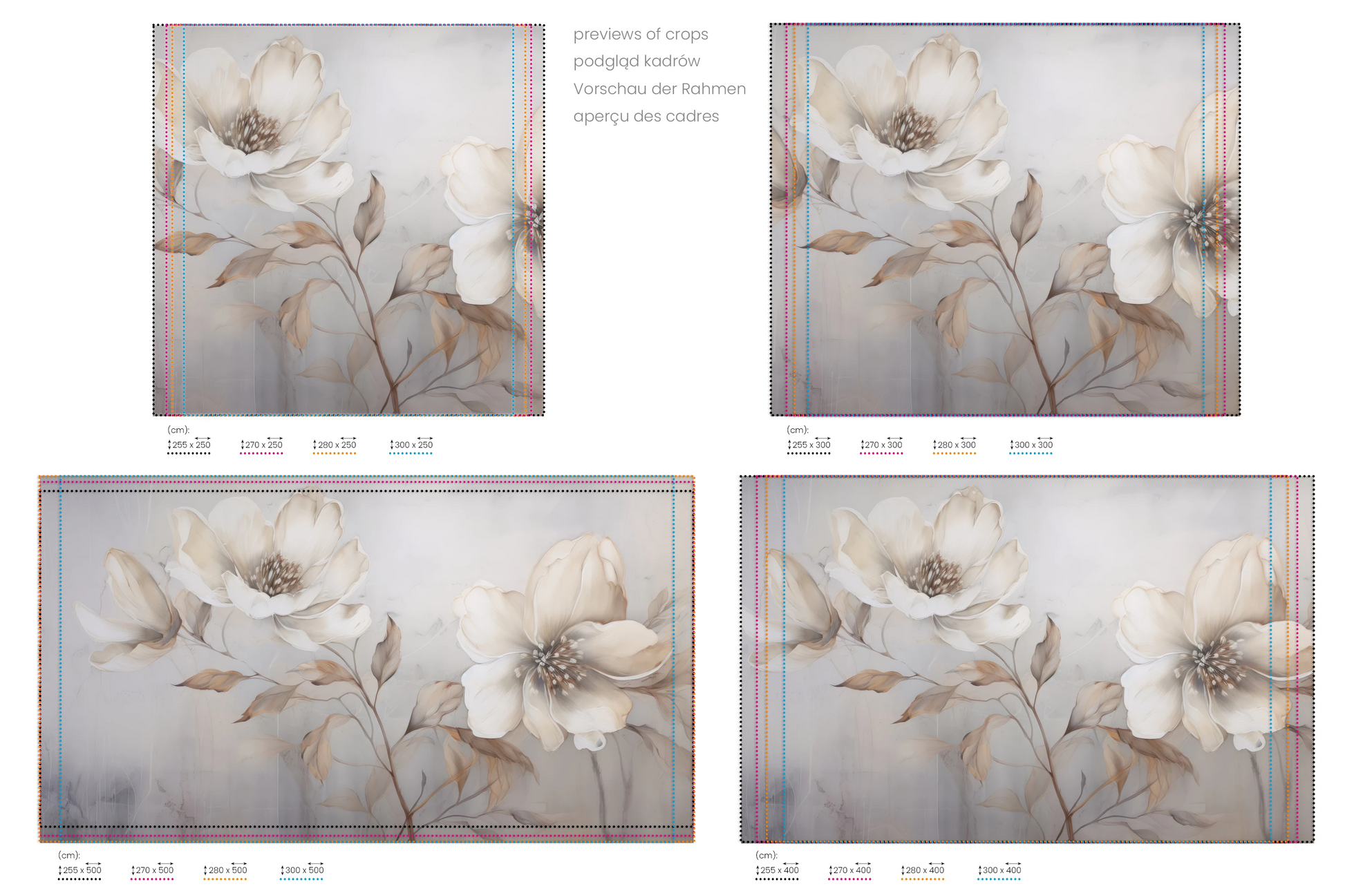 Na obrazie znajduje się prezentacja przykładowych rozmiarów fototapety o nazwie Whispering Magnolias. Rozmiar fototapety jest dowolny.