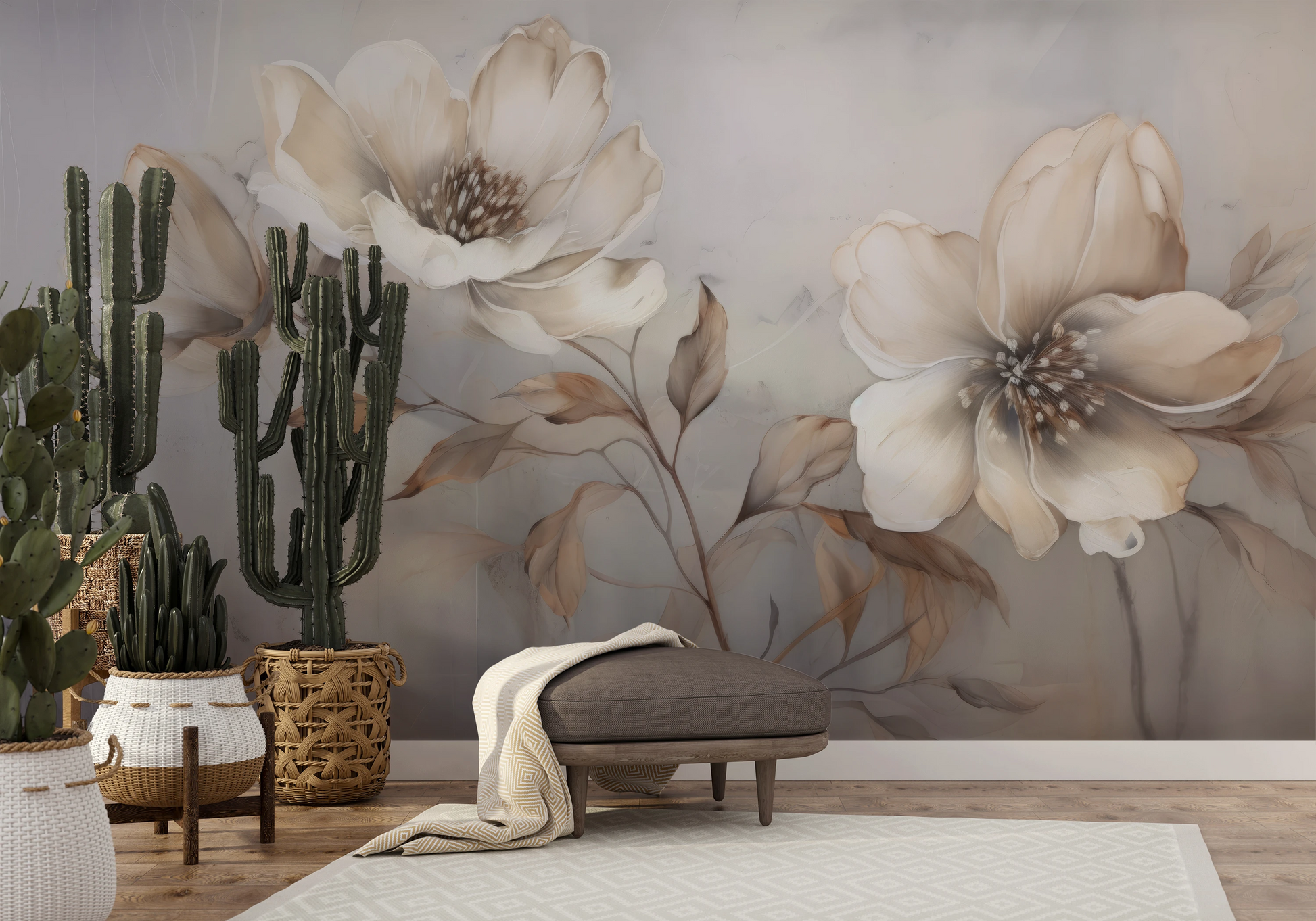 Wzór fototapety artystycznej o nazwie Whispering Magnolias pokazanej w aranżacji wnętrza.