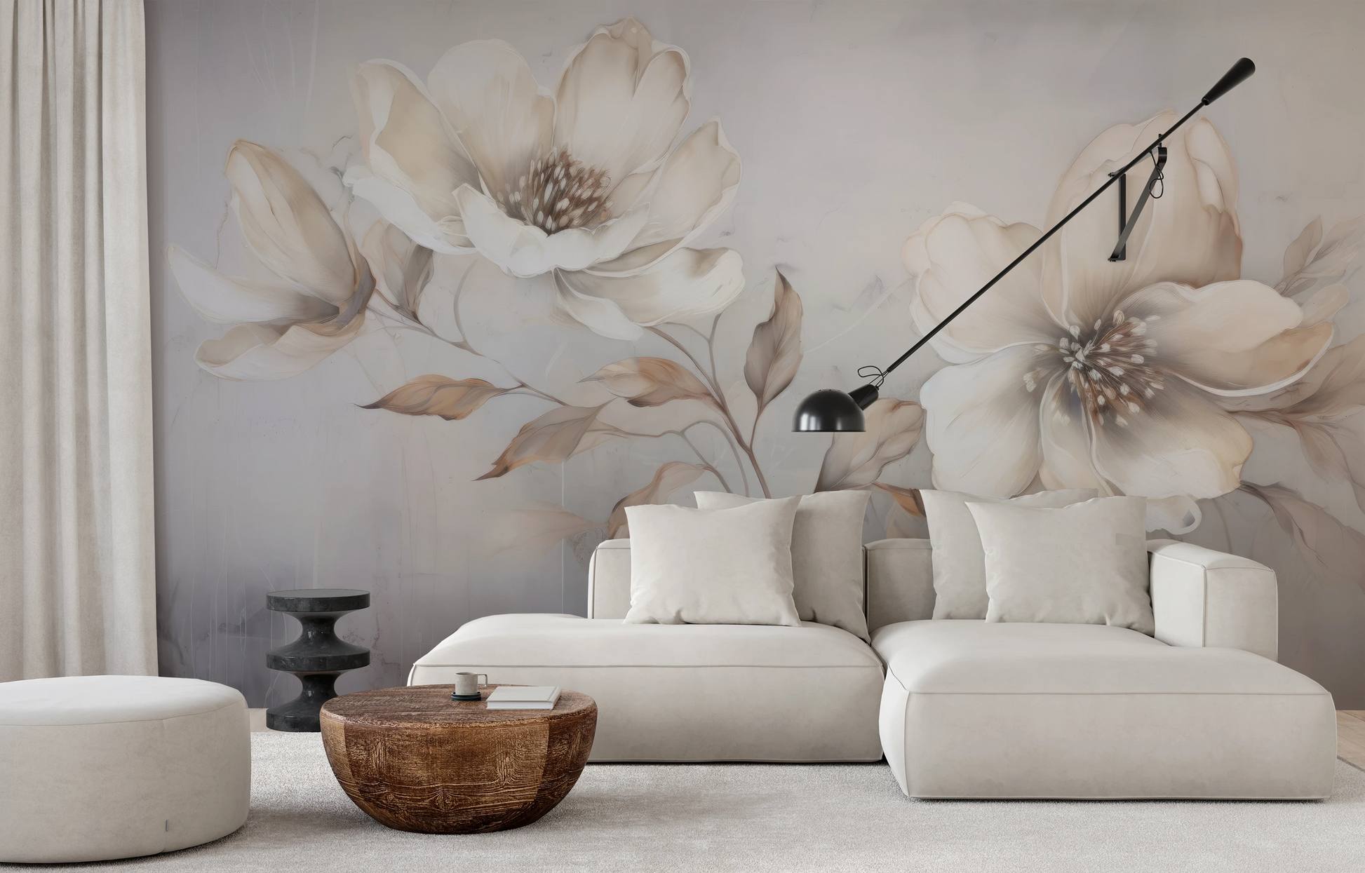 Wzór fototapety o nazwie Whispering Magnolias pokazanej w kontekście pomieszczenia.