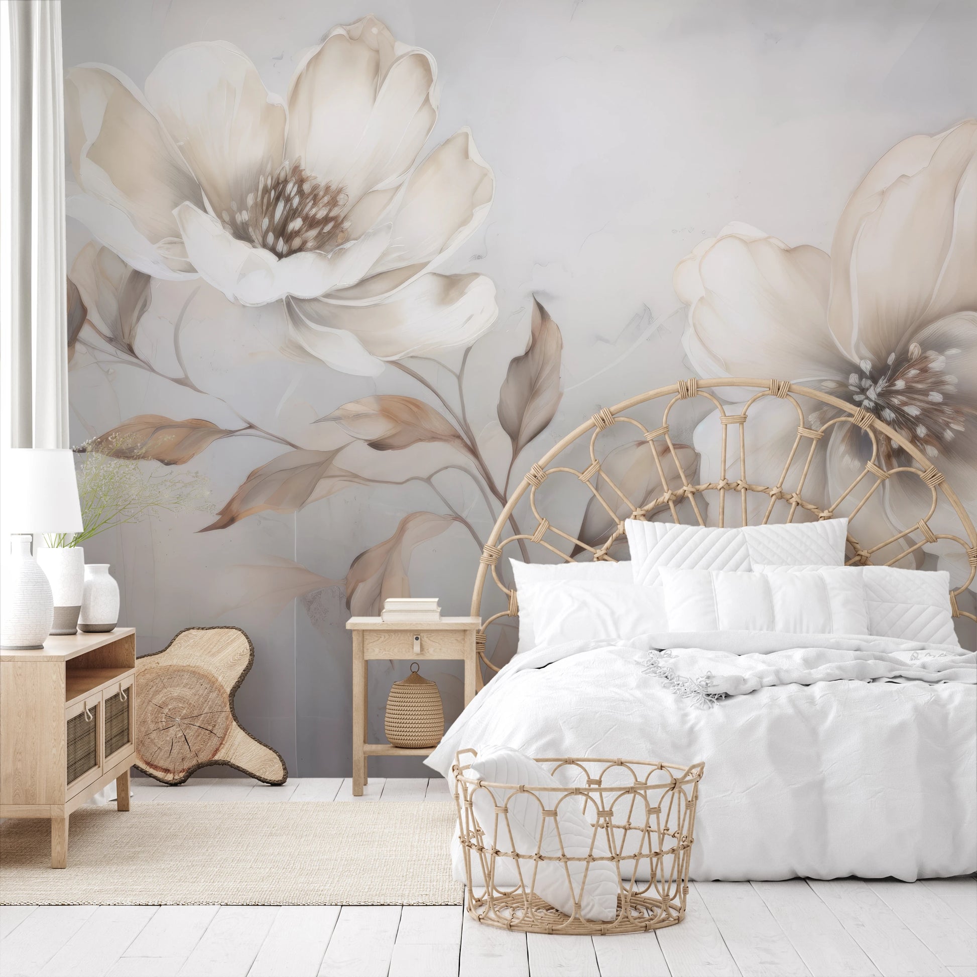 Wzór fototapety malowanej o nazwie Whispering Magnolias pokazanej w aranżacji wnętrza.