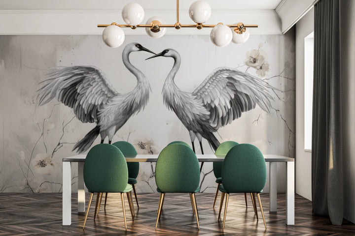 Wzór fototapety malowanej o nazwie Elegant Cranes pokazanej w aranżacji wnętrza.