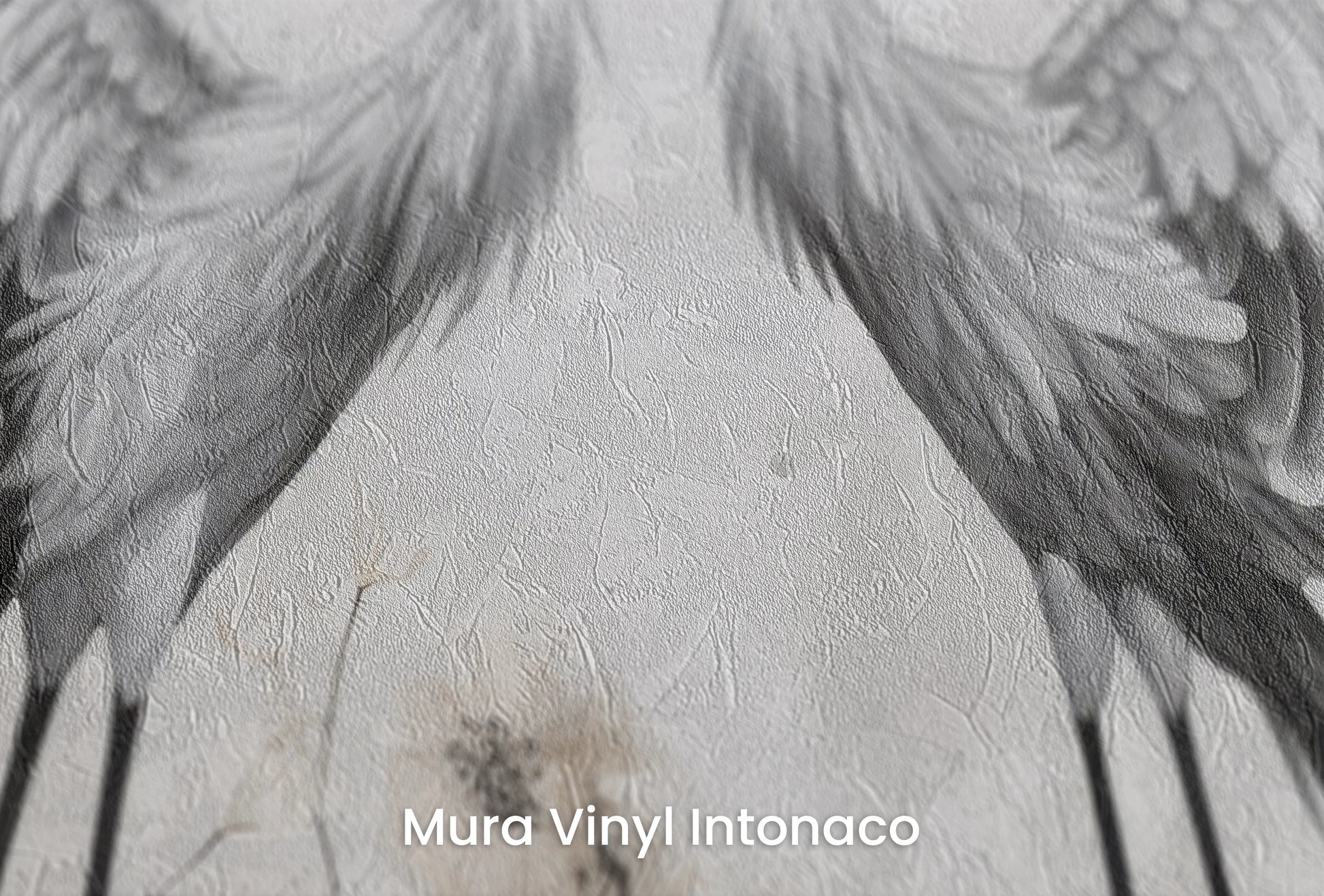 Zbliżenie na artystyczną fototapetę o nazwie Elegant Cranes na podłożu Mura Vinyl Intonaco - struktura tartego tynku.