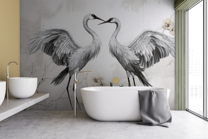 Fototapeta artystyczna o nazwie Elegant Cranes pokazana w aranżacji wnętrza.