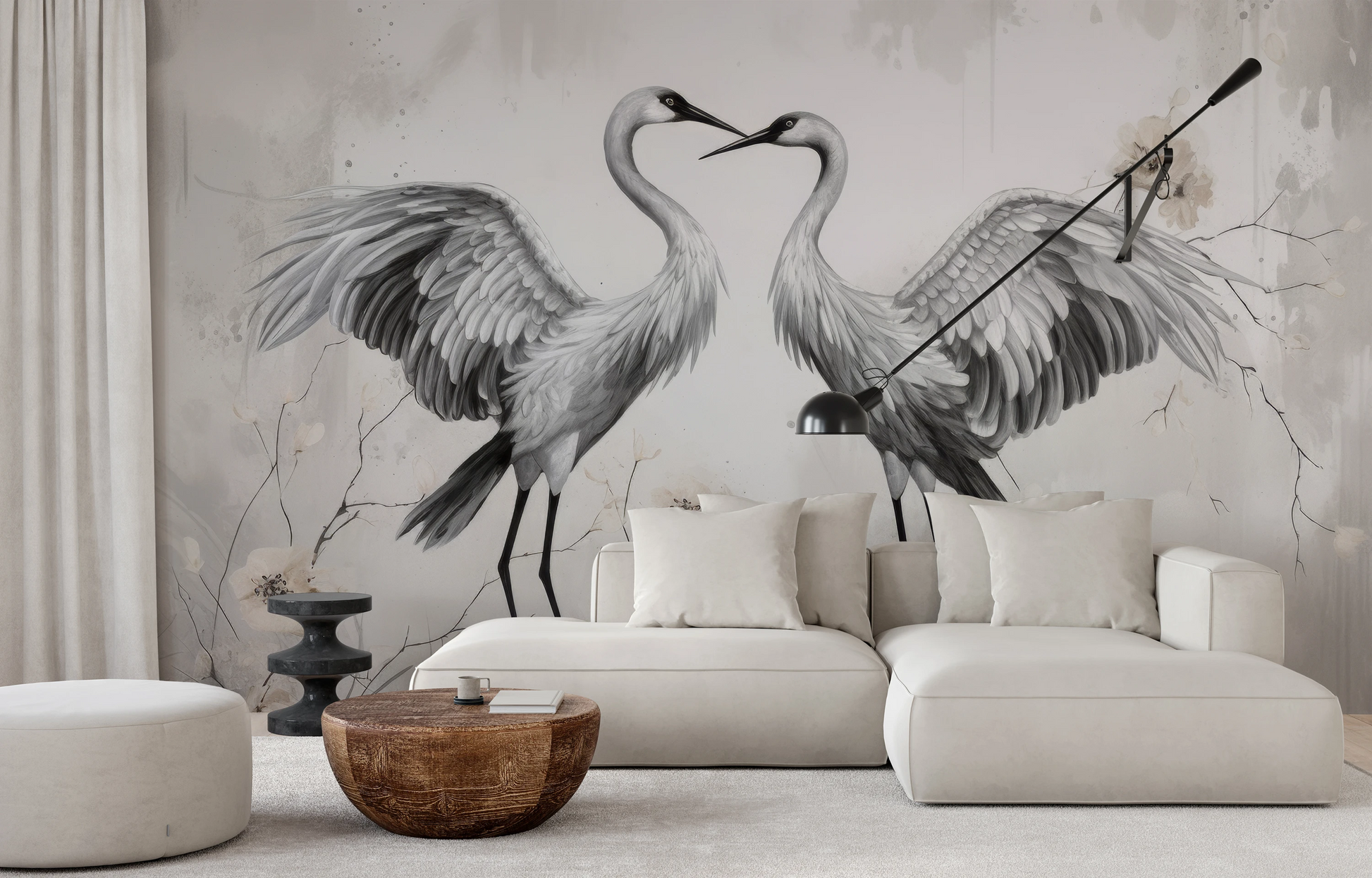 Wzór fototapety artystycznej o nazwie Elegant Cranes pokazanej w aranżacji wnętrza.